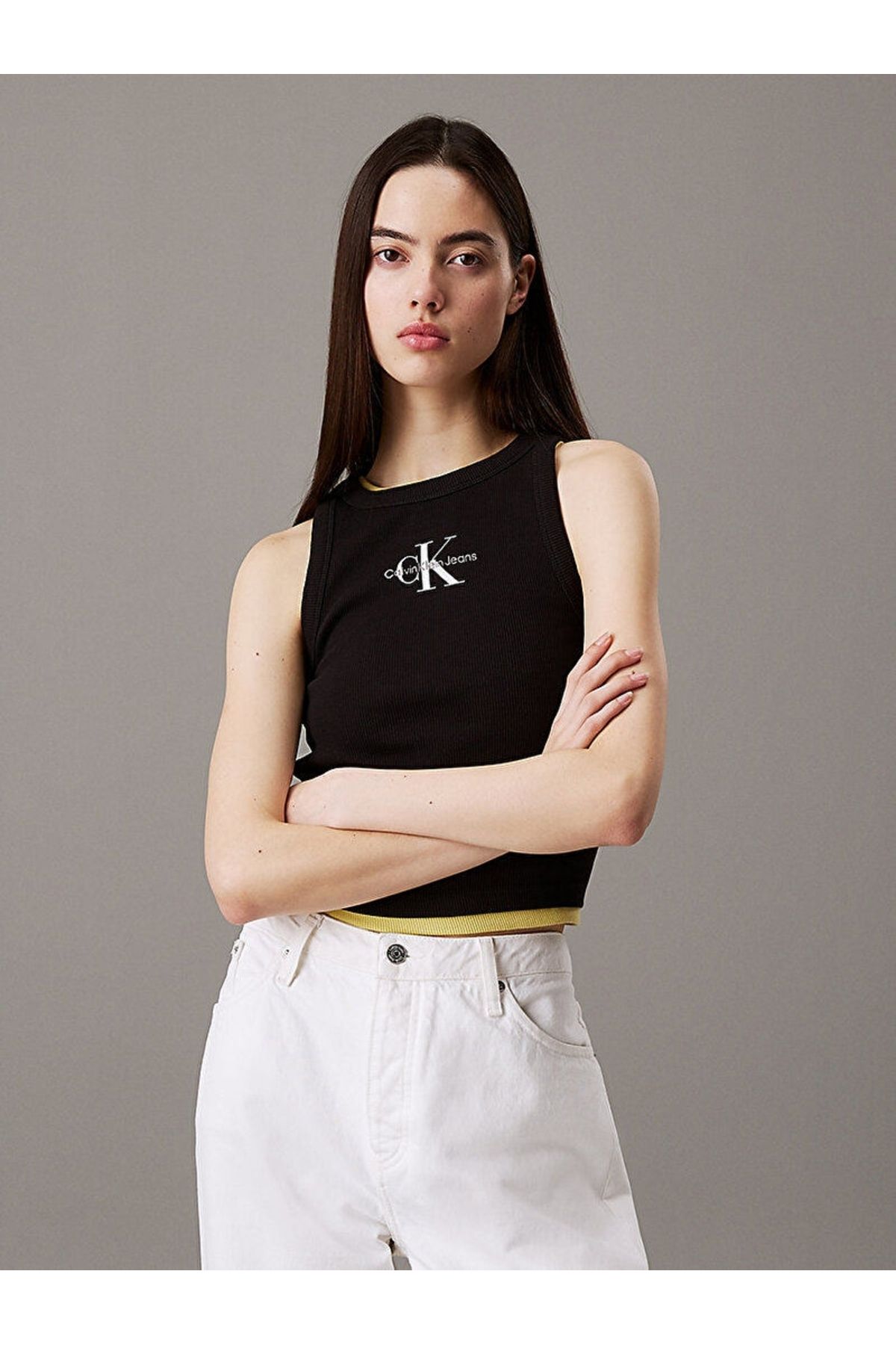 CK Jeans Kadın Monologo Rib Tank Top Siyah Crop J20j225301-beh