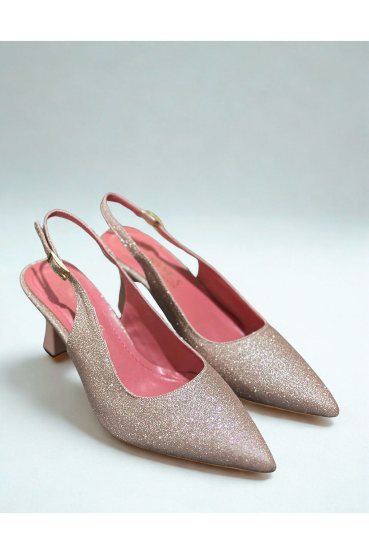 LINASHOES07 PEMBE SİMLİ Kadın Arkası Açık Stiletto Ayakkabı 8 Cm Topuk