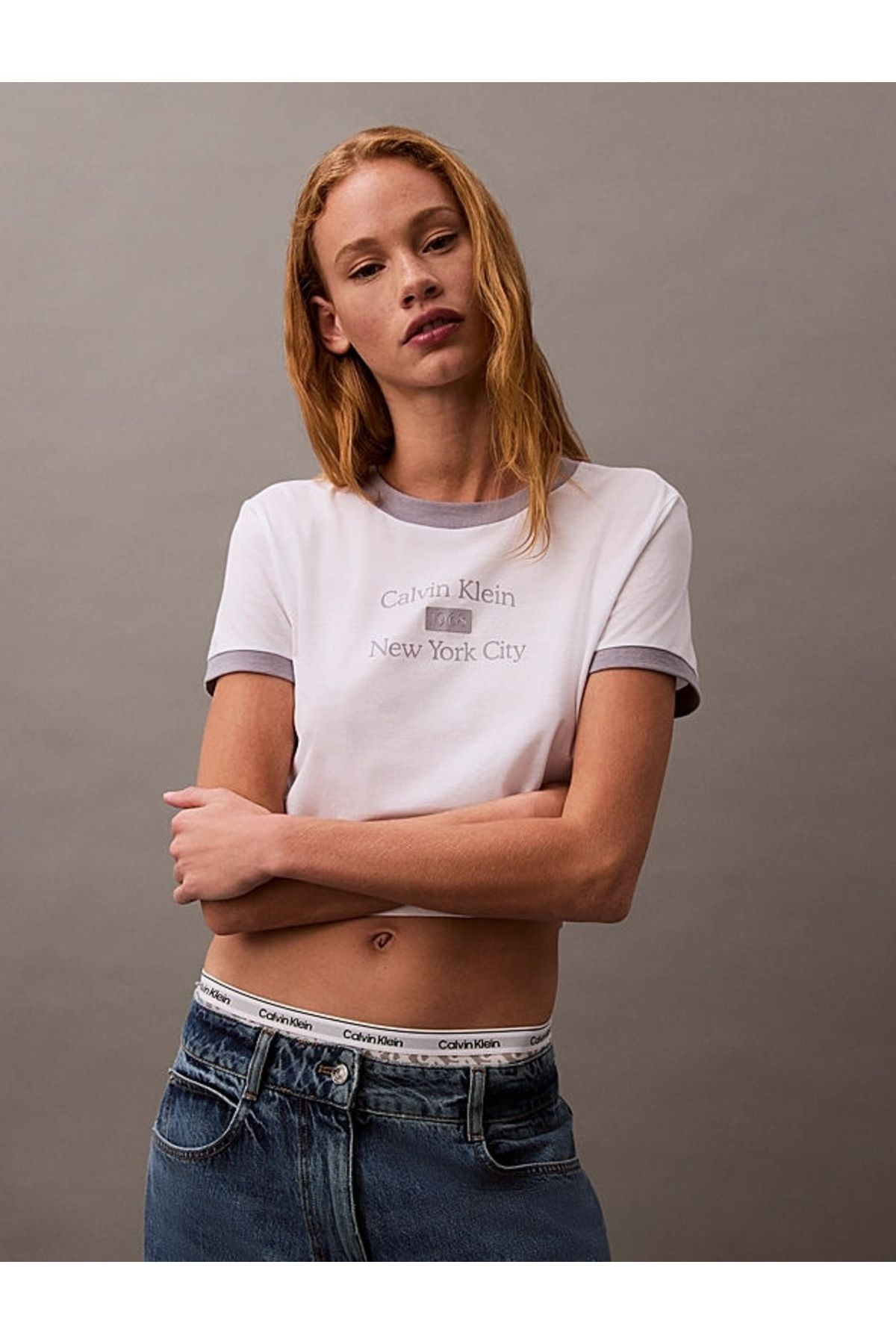 CK Jeans Cropped Logo Ringer Kadın Beyaz T-shirt LV047B808G-VVC