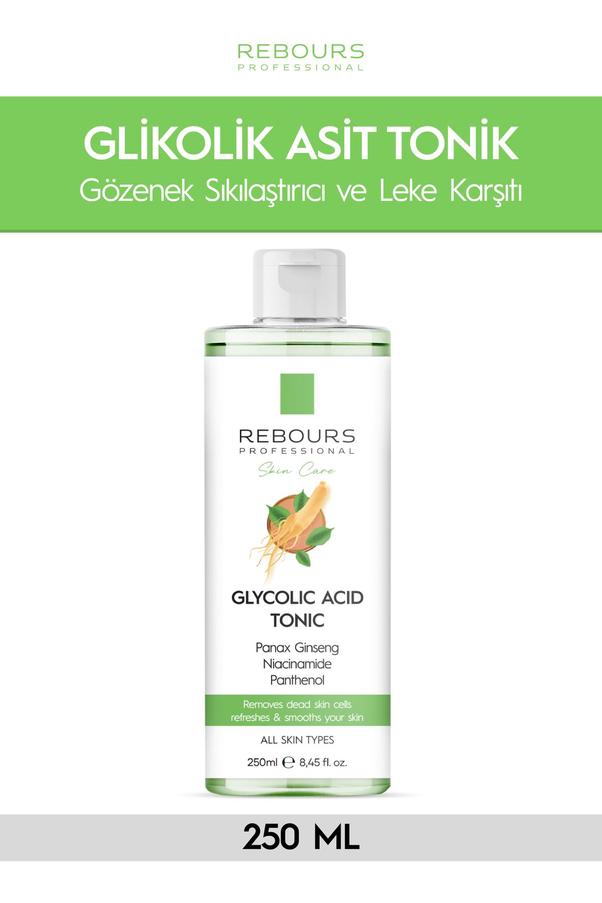 Rebours Glycolic Asit Tonik 250 ml – Niacinamide, Ginseng, Aloe Vera ve Allantoin Cilt Yenileyici Tonik