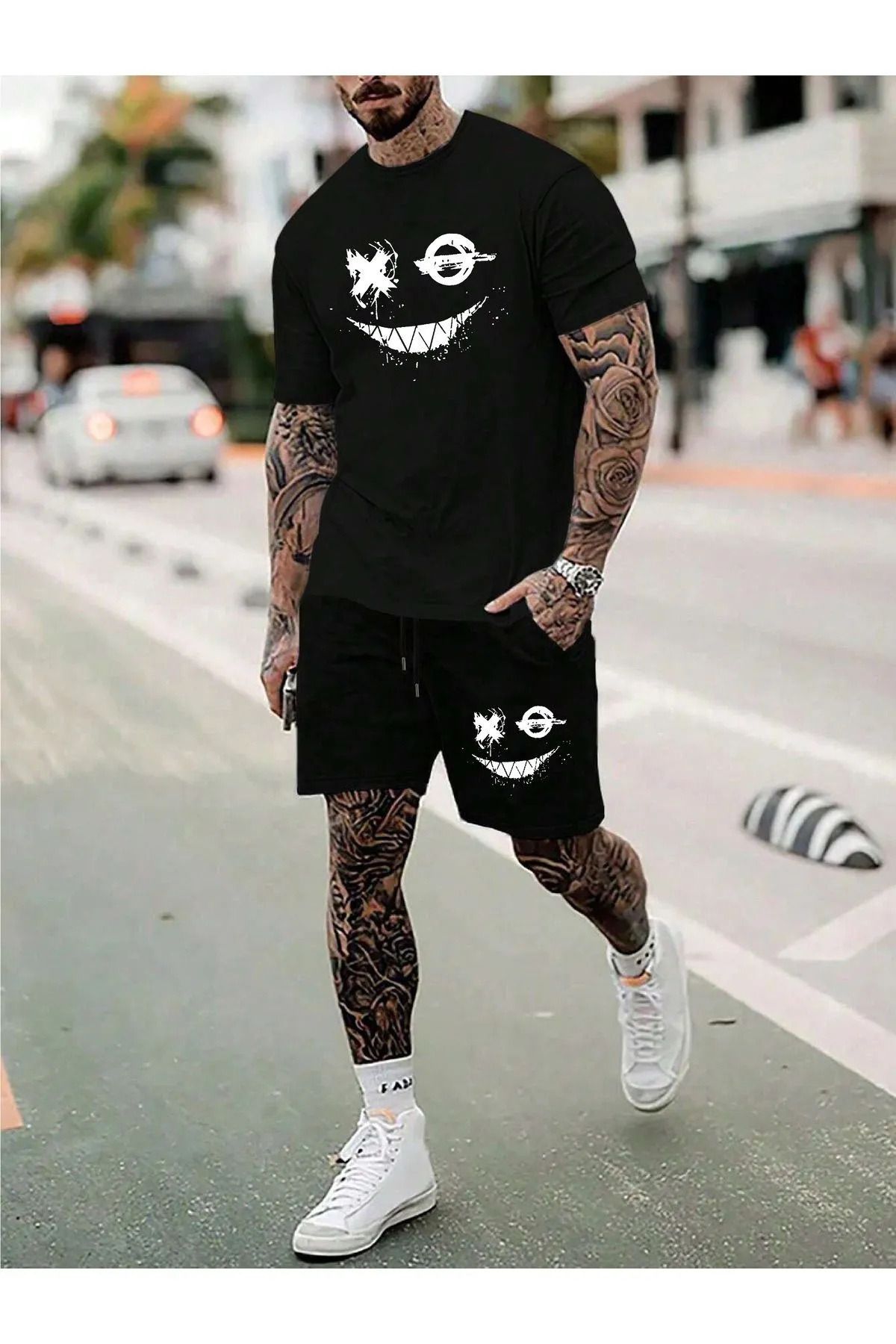 DESCARTES _Erkek 2li Oversize Dragon Baskılı Pamuklu Beast Mode Tişört ve Şort Takımı