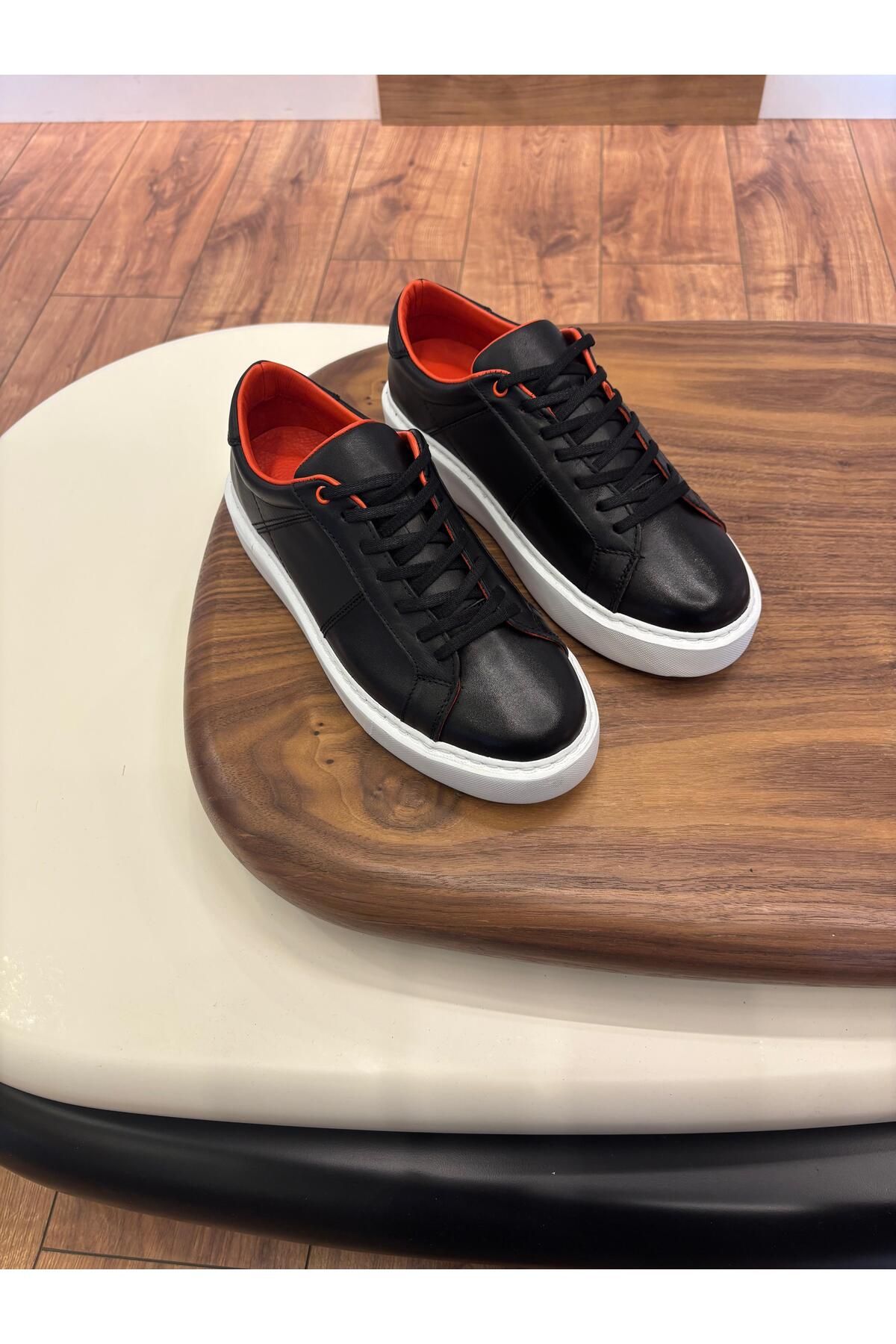 Paulo PARİS SİYAH - TURUNCU DETAYLI HAKİKİ DERİ ERKEK SNEAKERS - ERKEK SPOR AYAKKABI