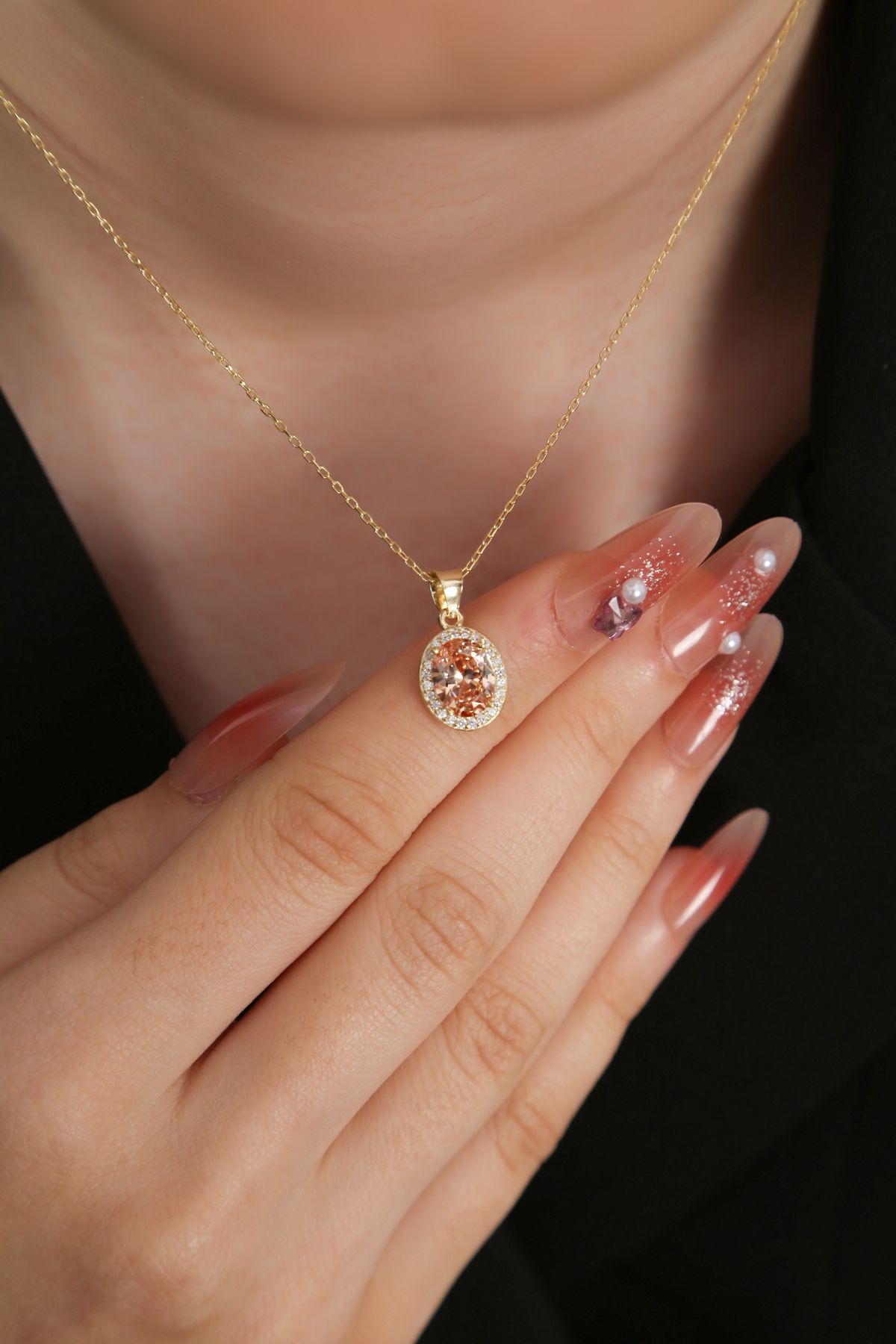 Sanem silver Oval Şampanya Taşlı Gümüş Kolye,925 Ayar Gümüş Üzeri 14 Ayar Altın Kaplama, Pırlanta Modeli