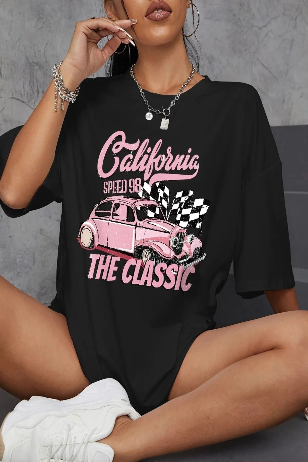 ELNOYA Unisex Bisiklet Yaka California Classic Baskılı Oversize T-Shirt