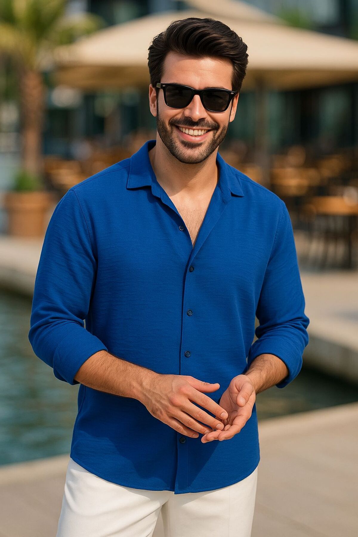 EKZMODA Erkek Saks indigo Mavisi Keten Dokulu Oversize Bol Kalıp Aerobin Gömlek