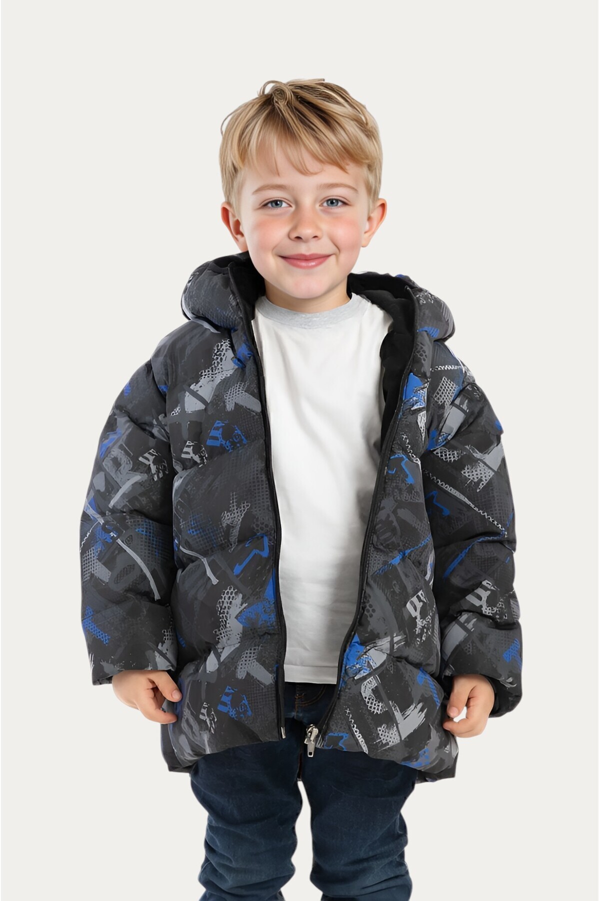  کاپشن زمستانی پسرانه پددار کلاه‌دار ضد آب و باد، طرح دیجیتال آنتراسیت، آستر پشمی