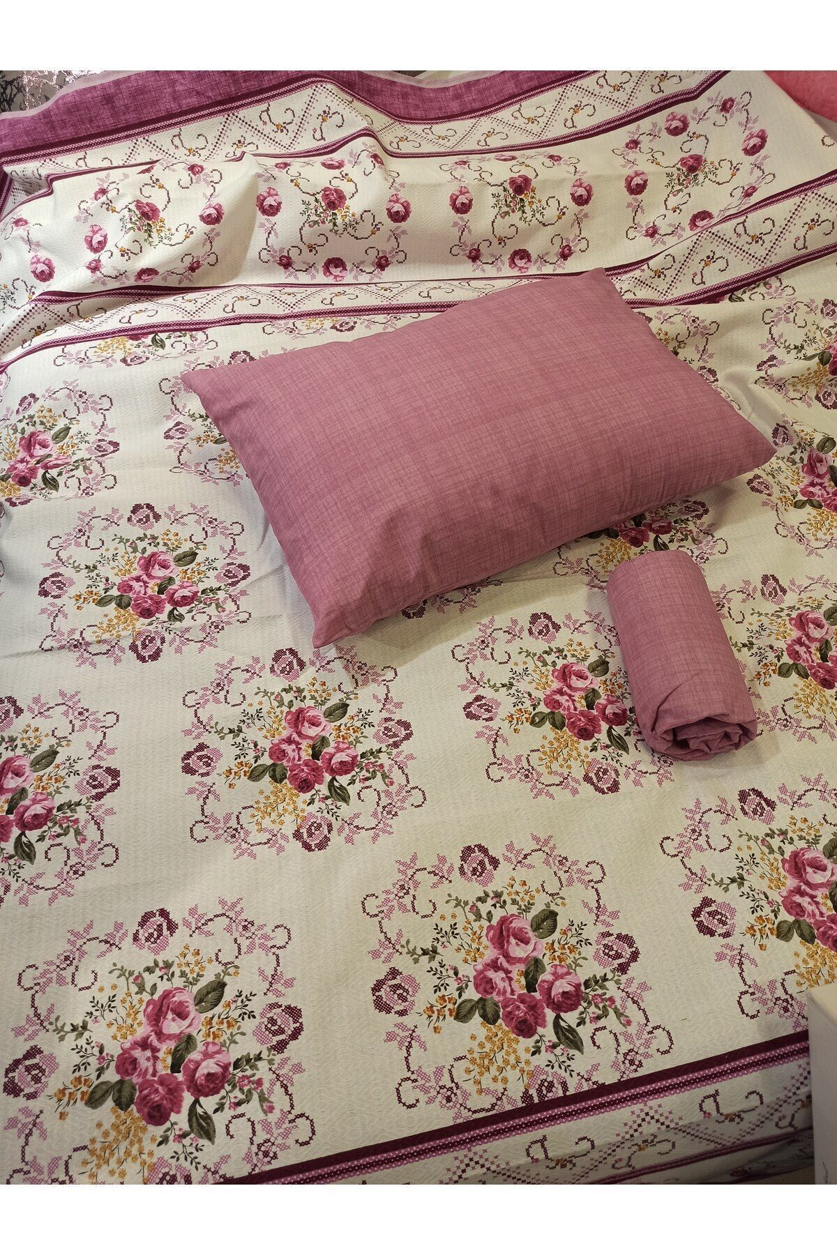ŞENER HOME-Bouquet Patterned Sheet Elastic Single Pique Set - Lilac 4