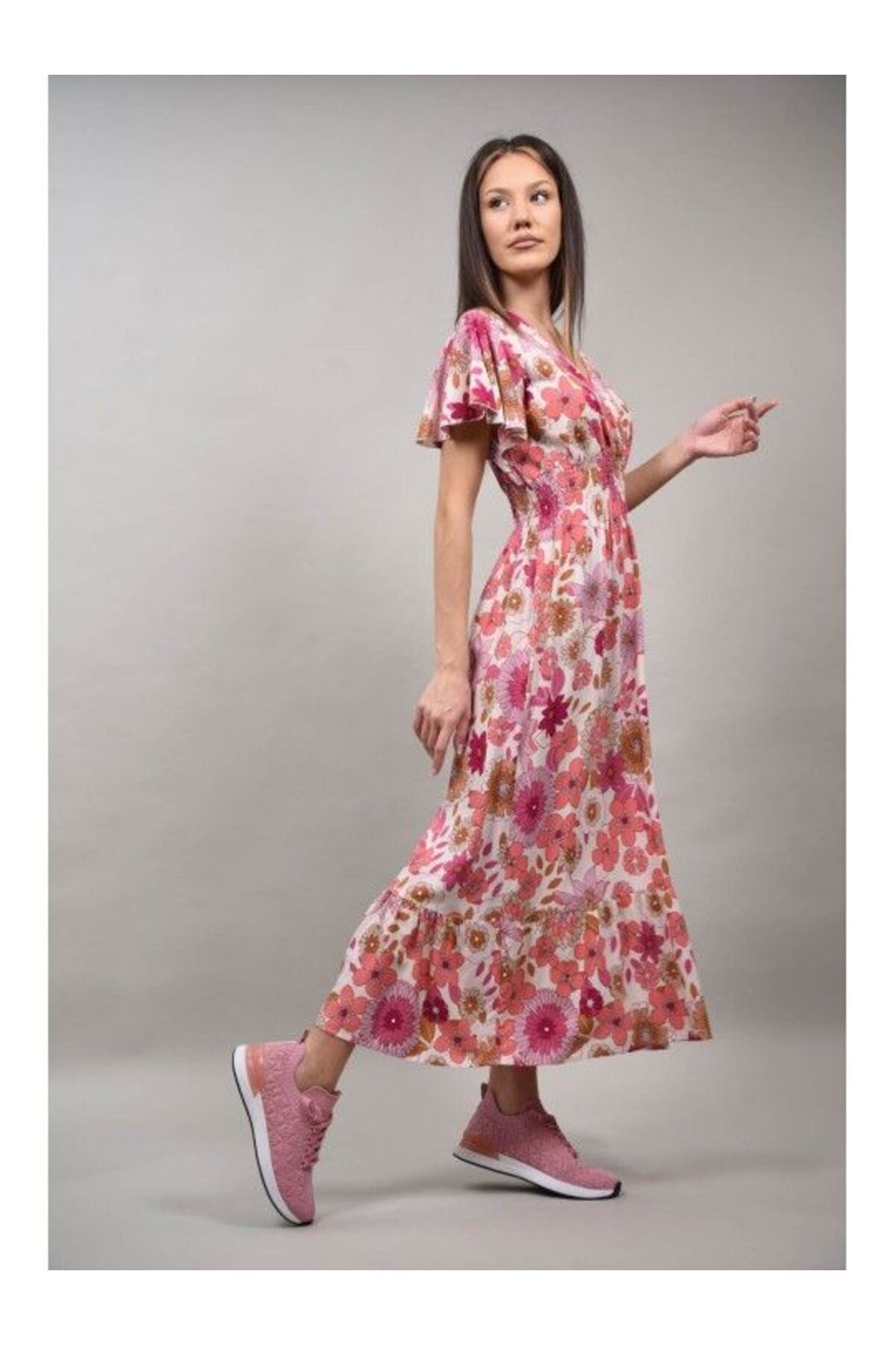 sweet girl-LONG BOHO CHIC DRESS WITH ELASTIC WAIST MULTICOLOR ELEGANTO Pink S-M 3
