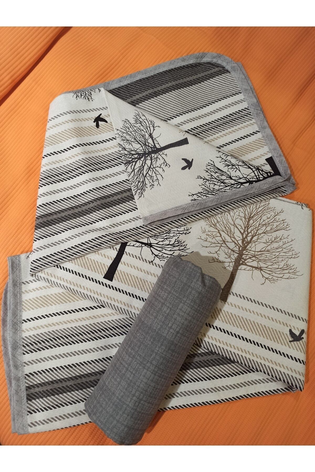 ŞENER HOME-New Tree of Life Patterned Bed Sheet with Elastic Double Pique Set - Gray 7