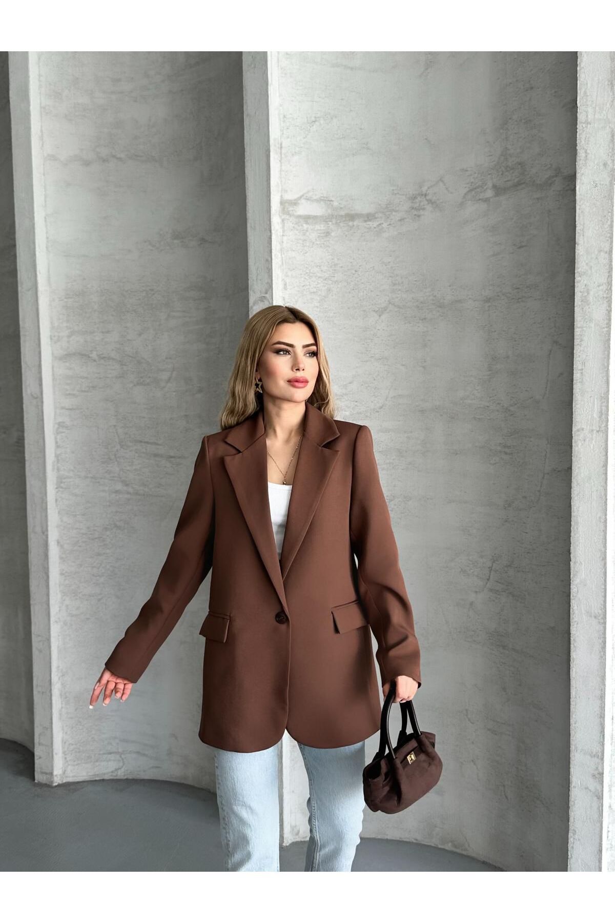 MODA Kahverengi Çizgili Astarlı Blazer Ceket