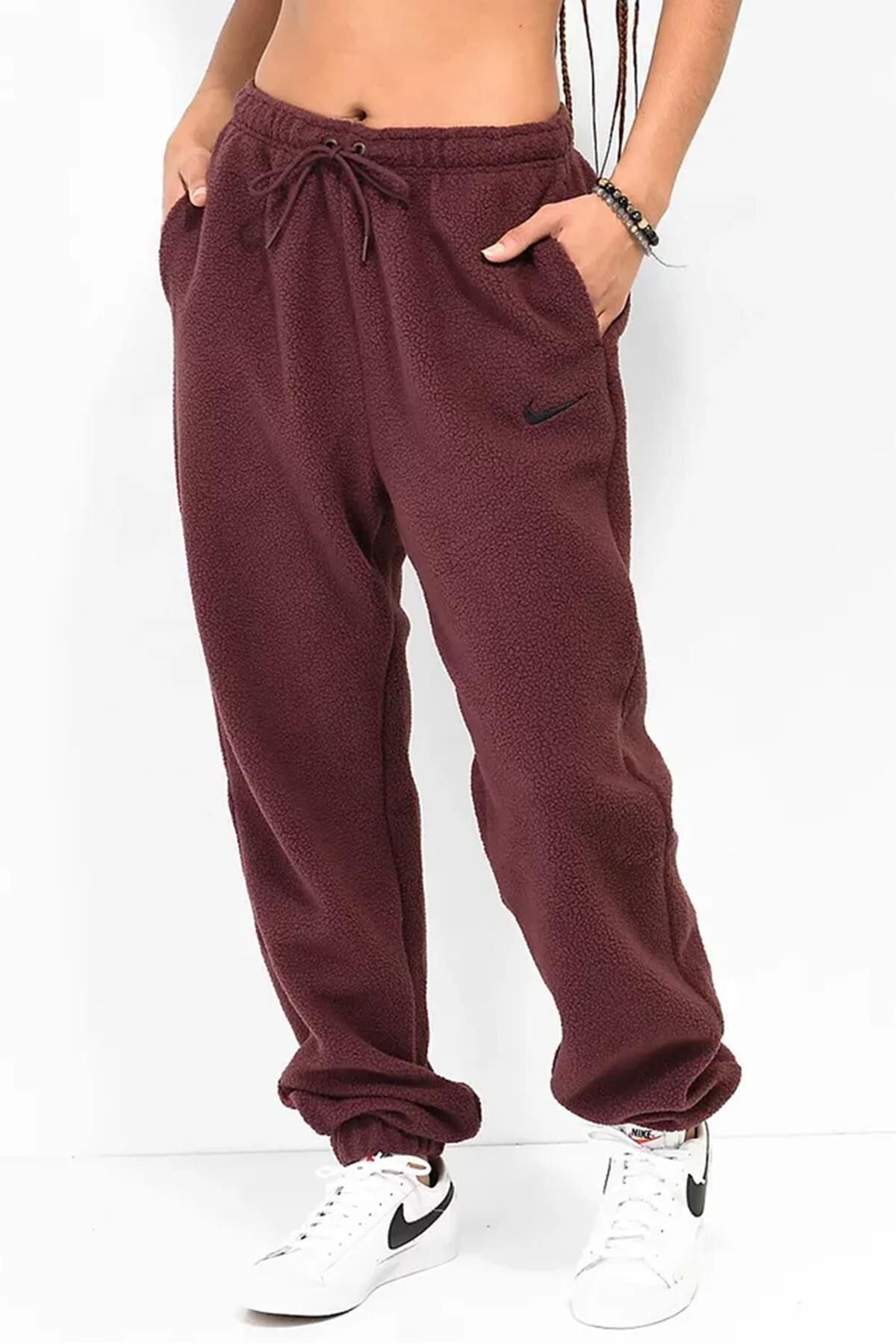 Nike Sportswear Plush Burgundy Crush Sherpa Oversize Sweatpants Kadın Geniş Kalıp Yüksek Bel Peluş E