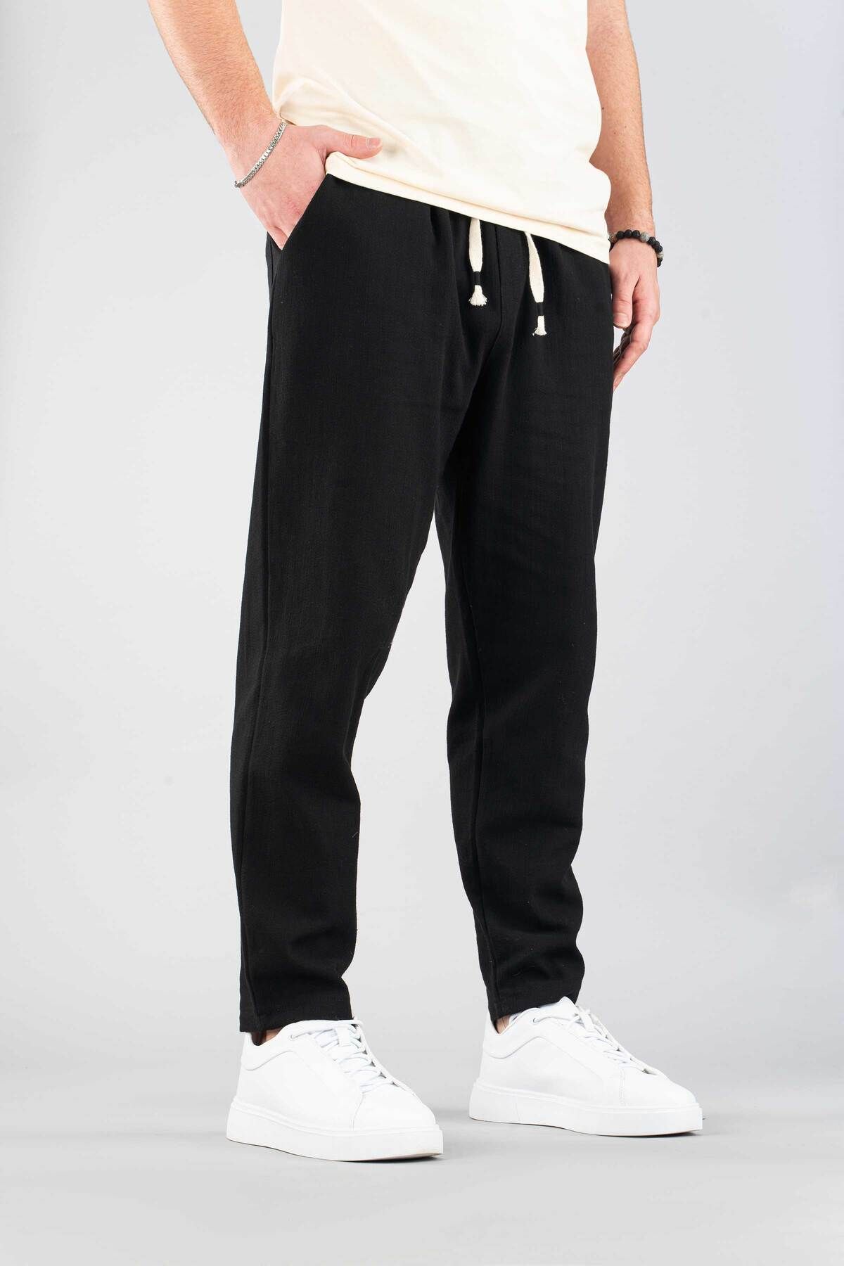 bombe Erkek Jogger Keten Pantolon Beli Lastikli İpli Pamuklu Rahat Boyfriend Pantolon