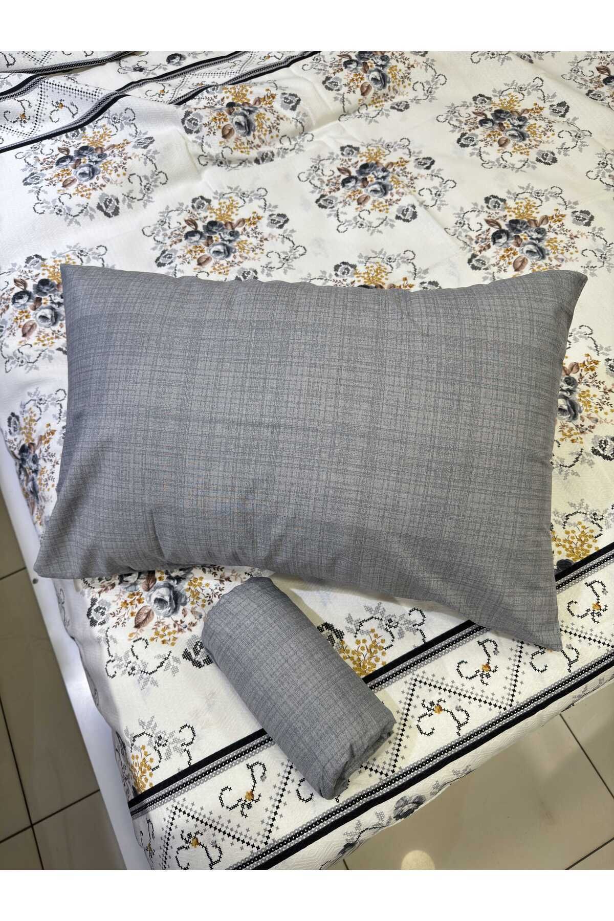 ŞENER HOME-Bouquet Patterned Bed Sheet with Elastic Double Pique Set - Gray 6