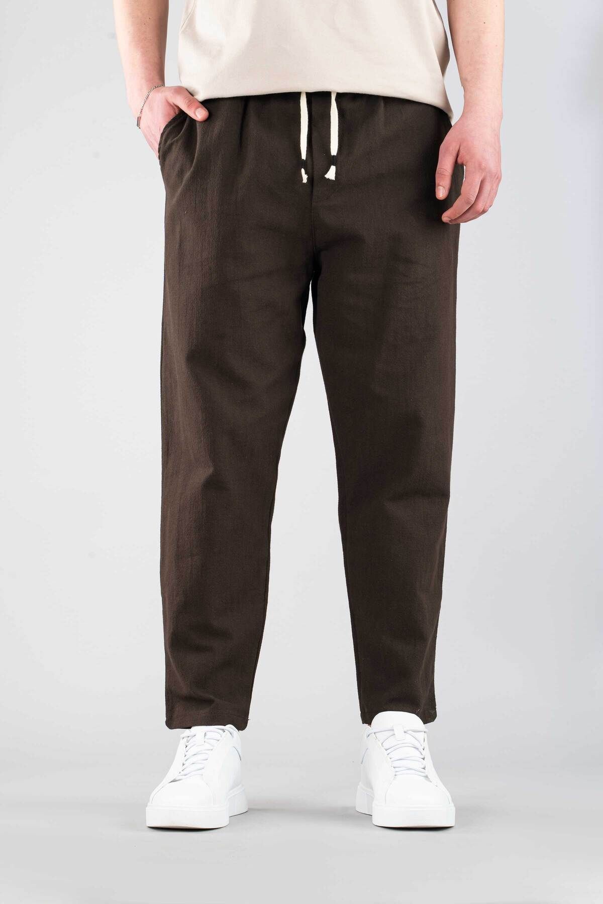 bombe Erkek Jogger Keten Pantolon Beli Lastikli İpli Pamuklu Rahat Boyfriend Pantolon