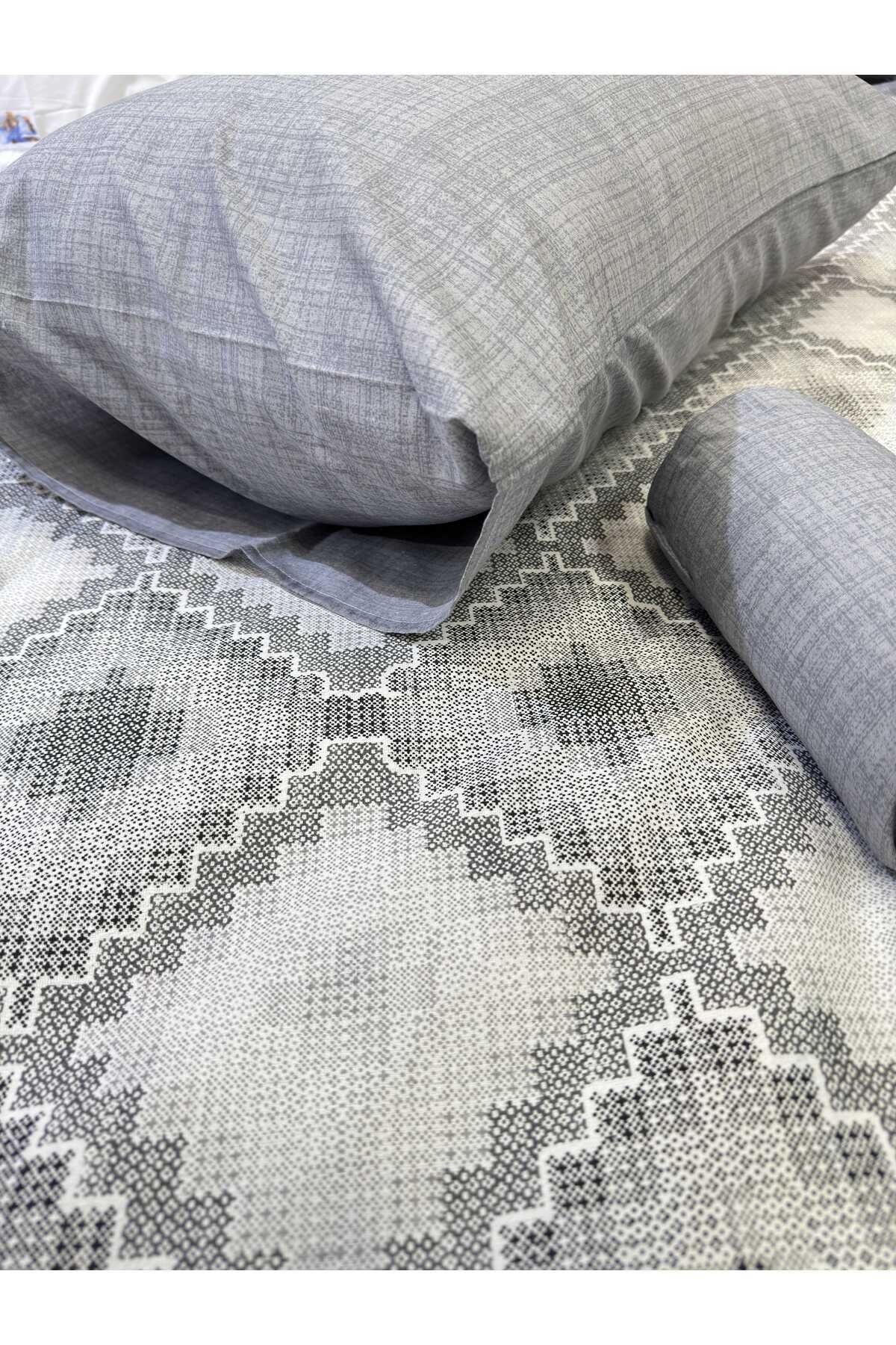 ŞENER HOME-Canvas Patterned Bed Sheet with Elastic Double Pique Set - Gray 3