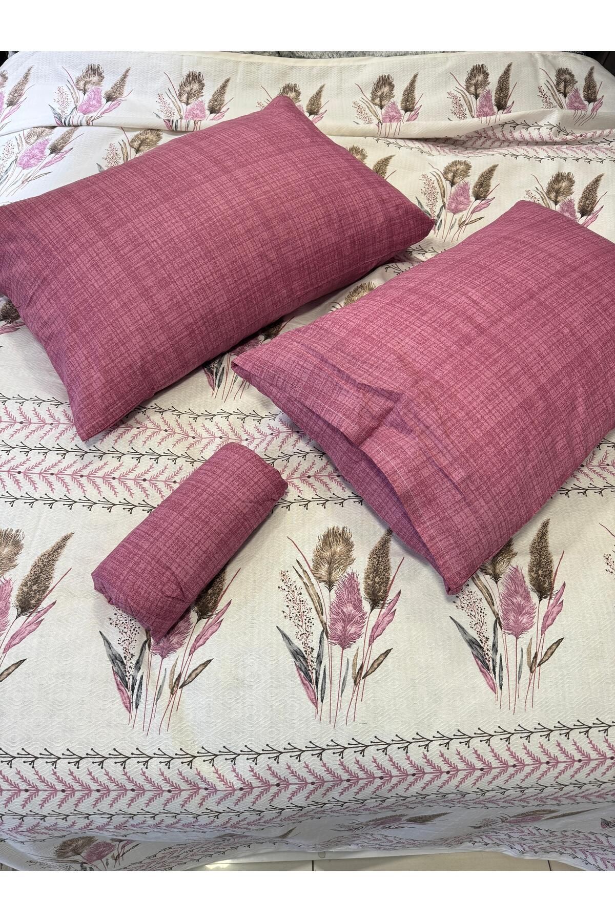 ŞENER HOME-Ekin Patterned Sheet Elastic Double Pique Set - Dusty Rose 3