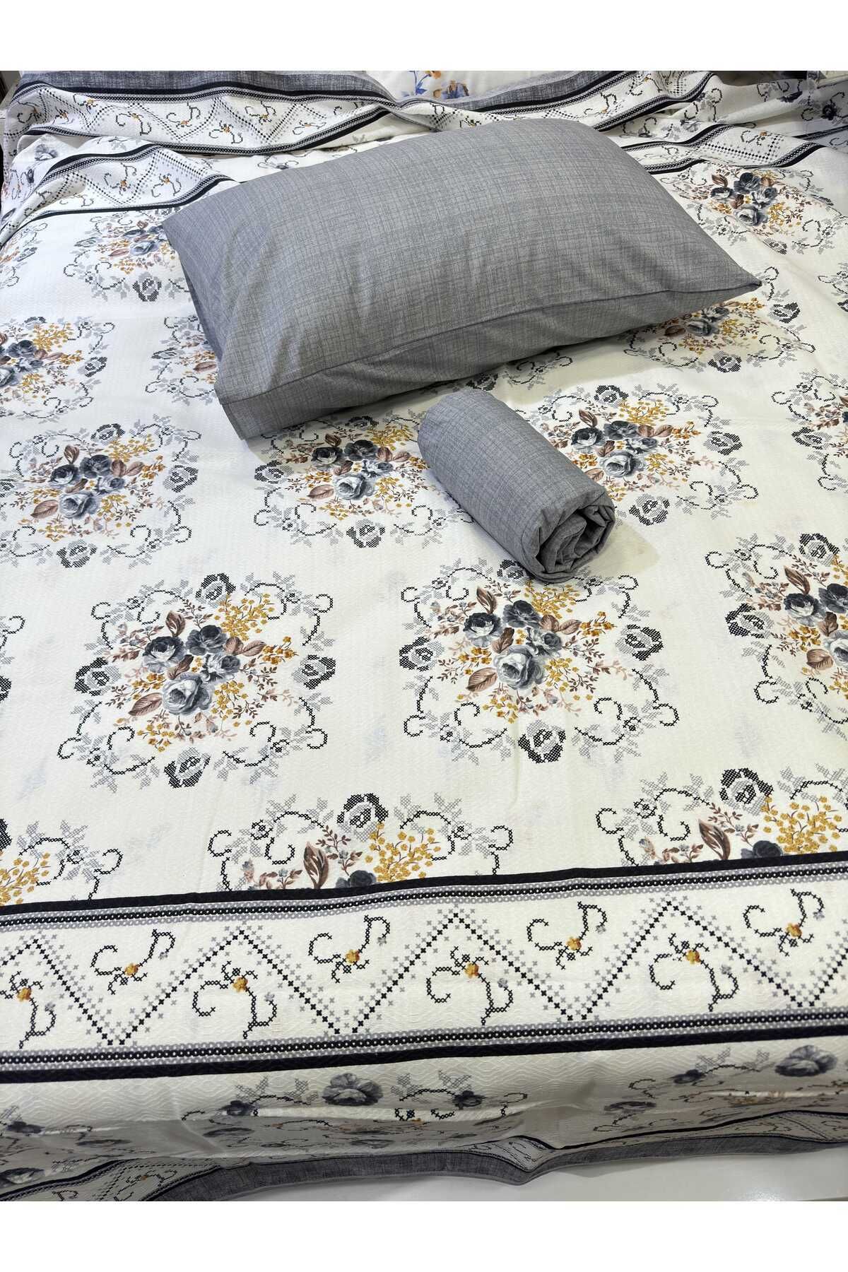 ŞENER HOME-Bouquet Patterned Bed Sheet with Elastic Double Pique Set - Gray 3
