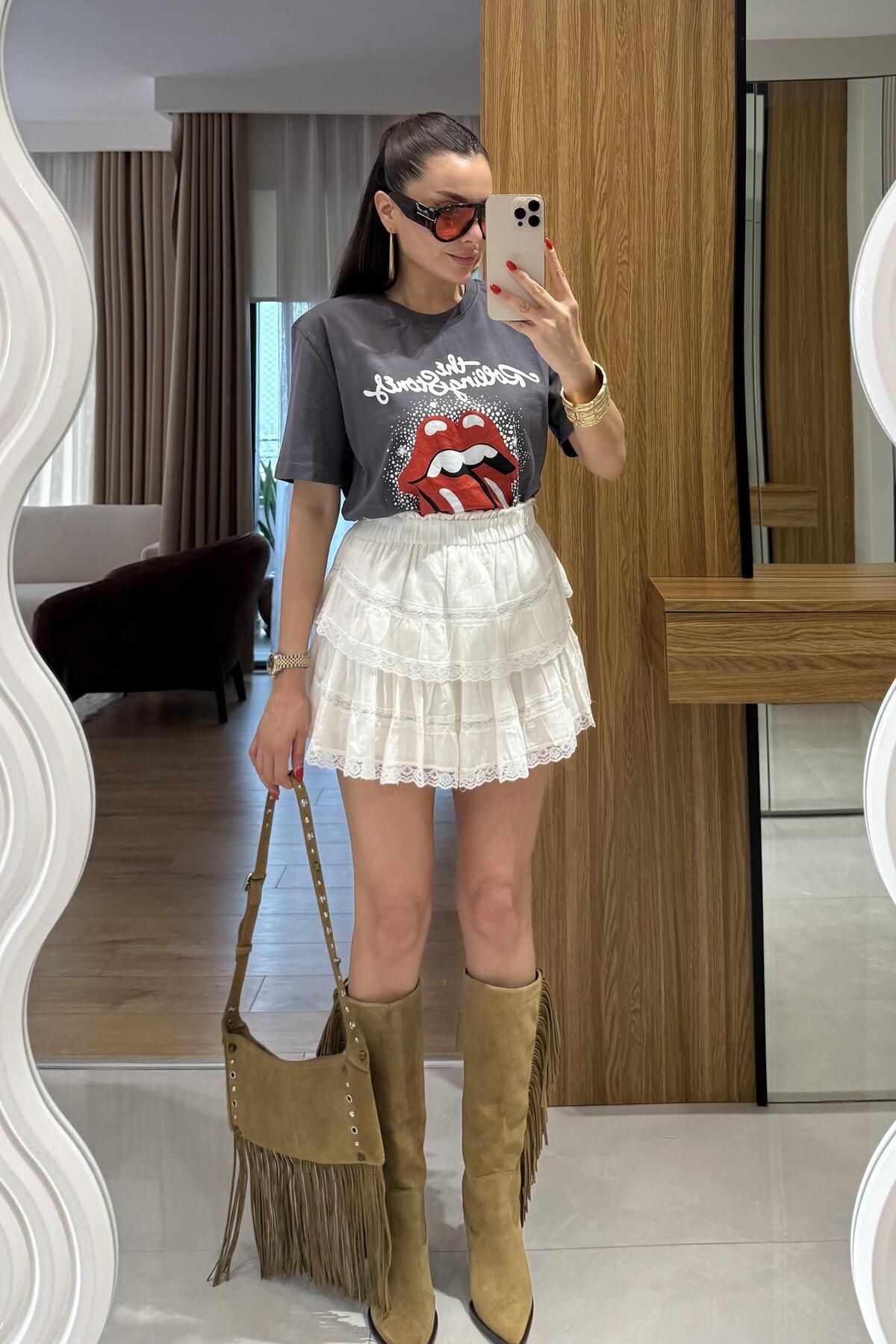 Gizem Ecemiş Audrey Beyaz Dantel Geçişli Etek