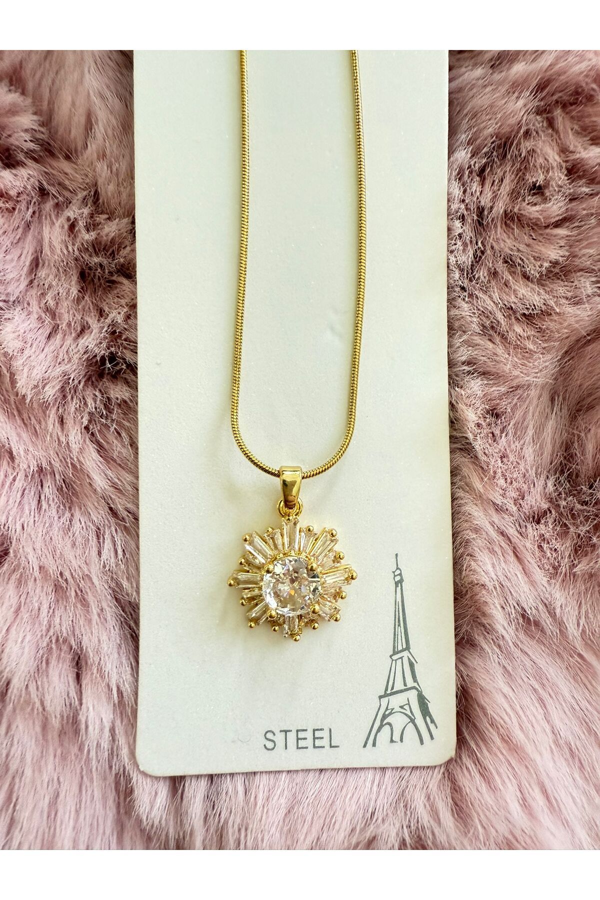 Butik Güneş Taşlı Gold Çelik Kolye