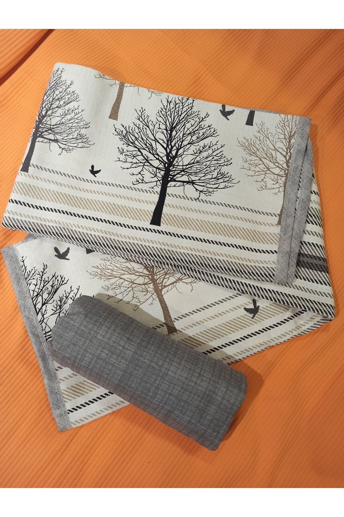 ŞENER HOME-New Tree of Life Patterned Bed Sheet with Elastic Double Pique Set - Gray 6