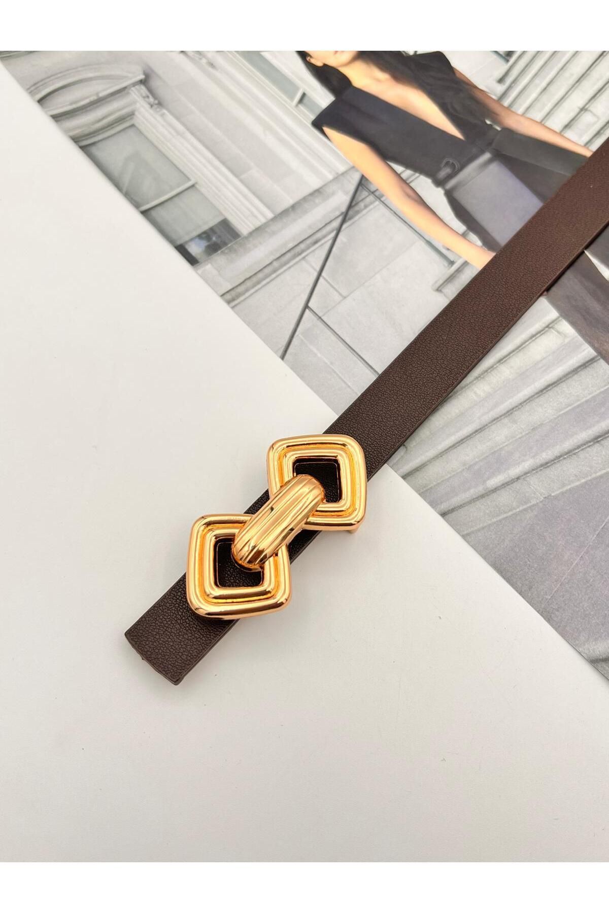 NOİR LUXE Acı Kahve Basic Gold Tokalı Kadın Kemer Pantolon Kemeri Elbise Kemeri Gömlek Kemeri Ceket Kemer