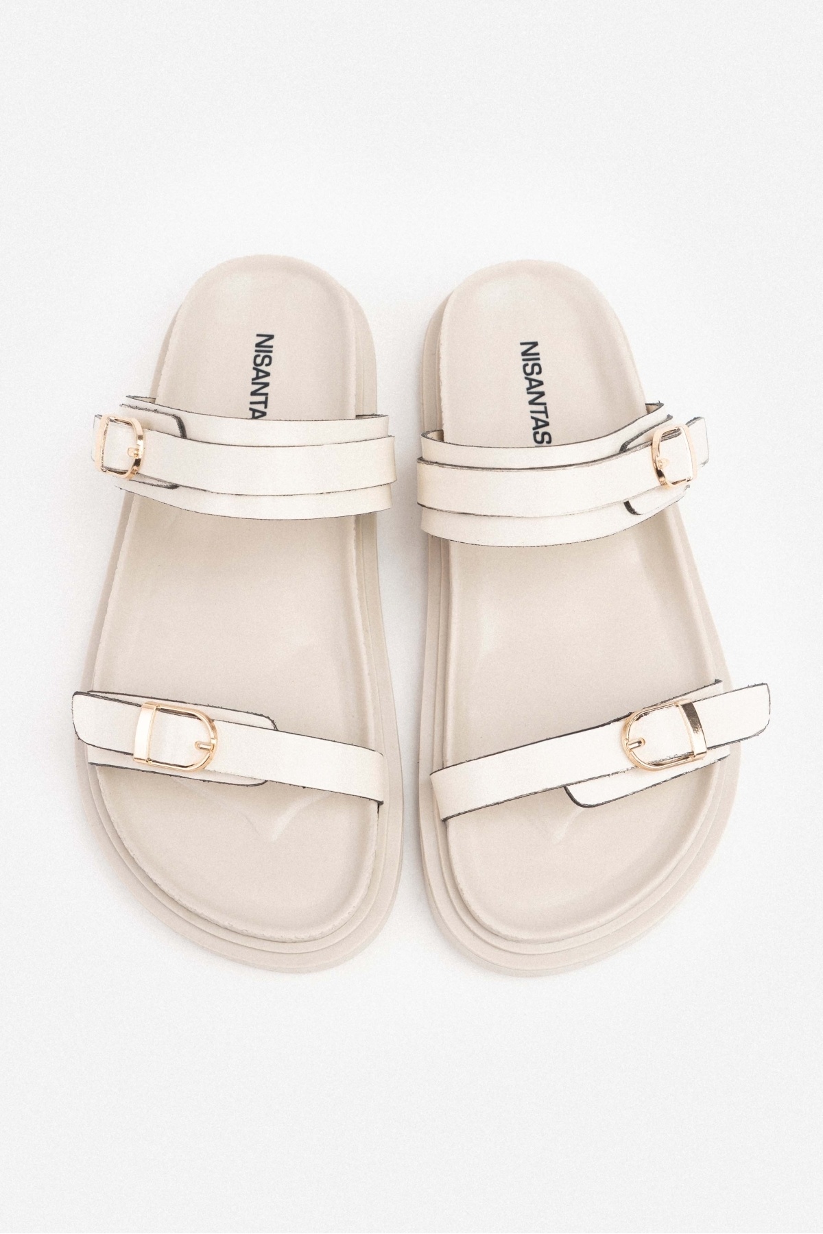 NİŞANTAŞI SHOES-Γυναικείες παντόφλες Happy Beige Wrinkled Matte με δύο αγκράφες με επίπεδη σόλα 8