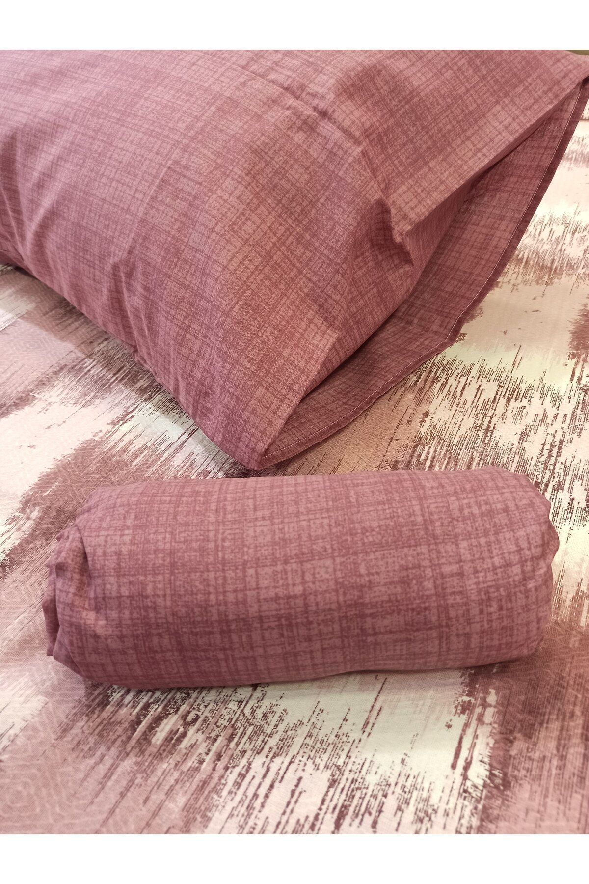 ŞENER HOME-Patchwork Patterned Bed Sheet with Elastic Double Pique Set - Dried Rose 5