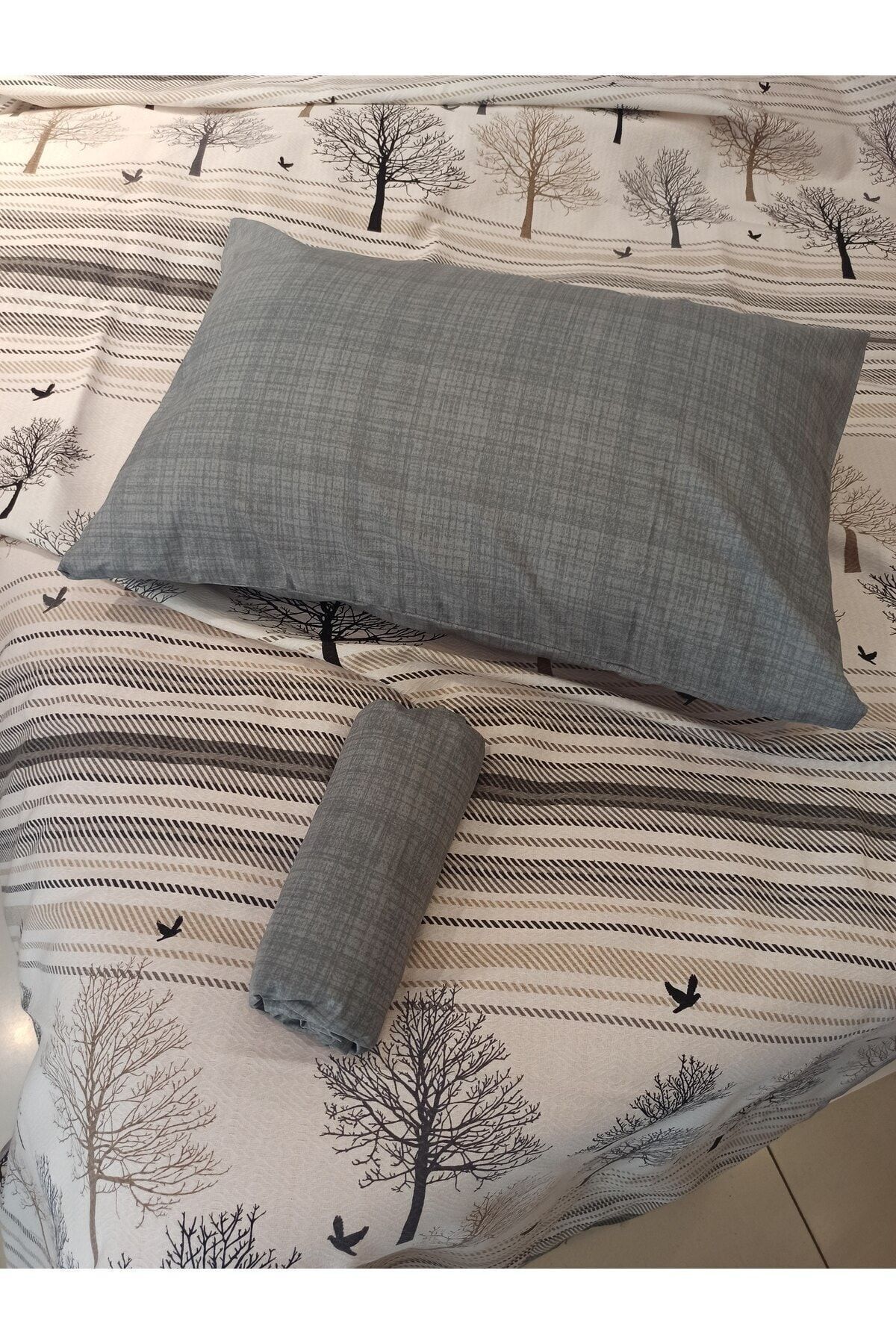 ŞENER HOME-New Tree of Life Patterned Bed Sheet with Elastic Double Pique Set - Gray 3