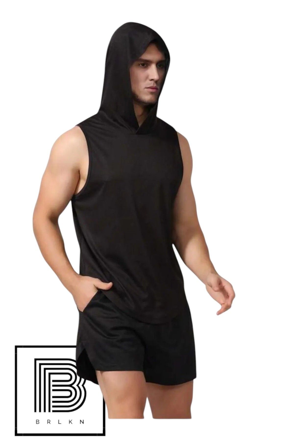 BRLKN Siyah Kolsuz Kapüşonlu Sporcu Atlet Tshirt