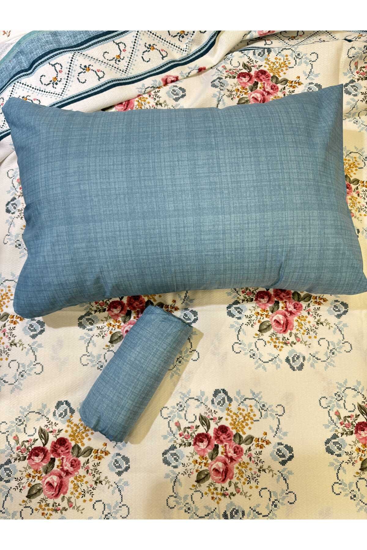 ŞENER HOME-Bouquet Patterned Bed Sheet with Elastic Double Pique Set - Petrol Green 4