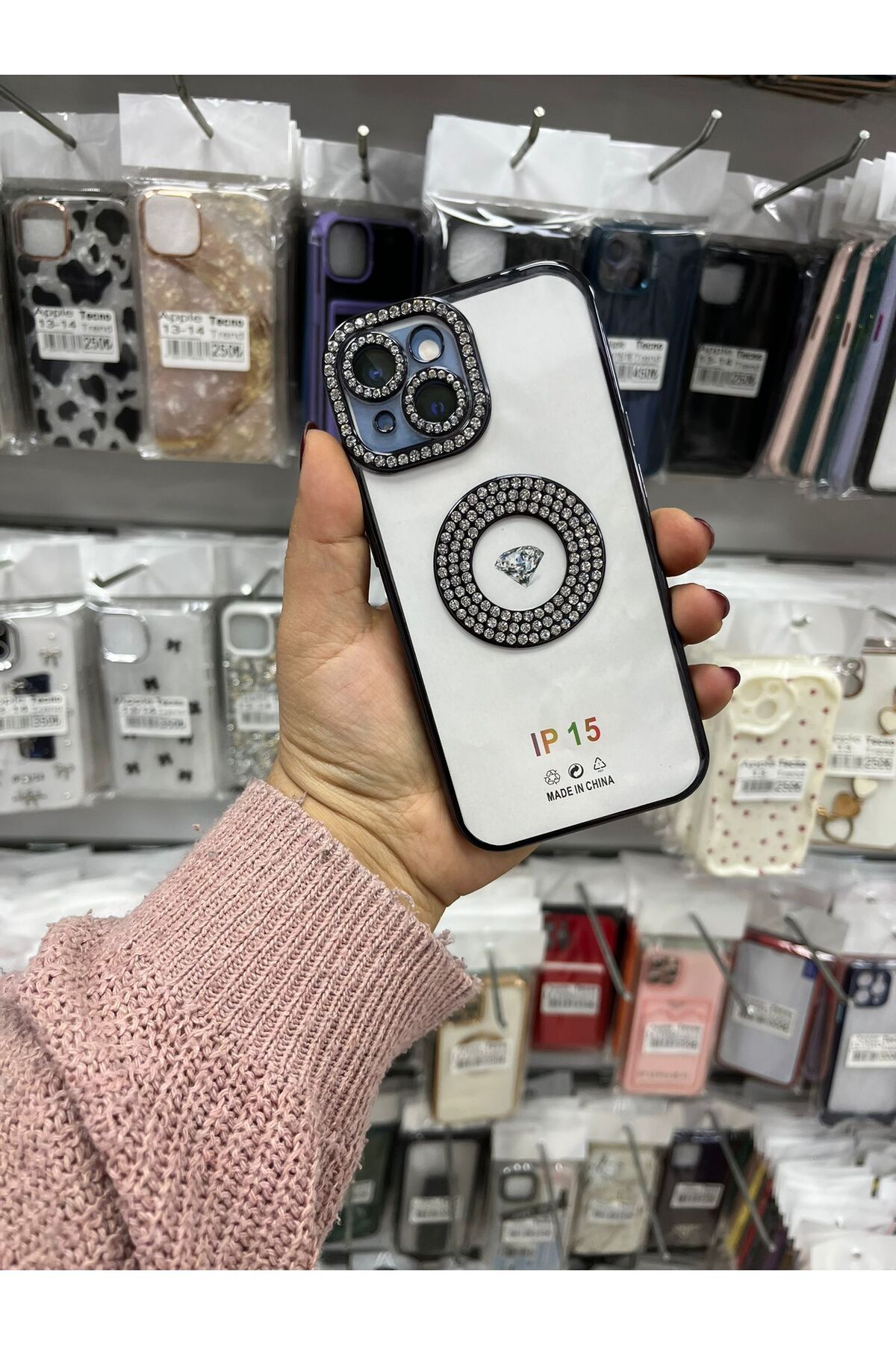 TECNOTREND Apple İphone 15 Kılıf Kamera Korumalı Taş Süslemeli Arkası Şeffaf Asya Kapak