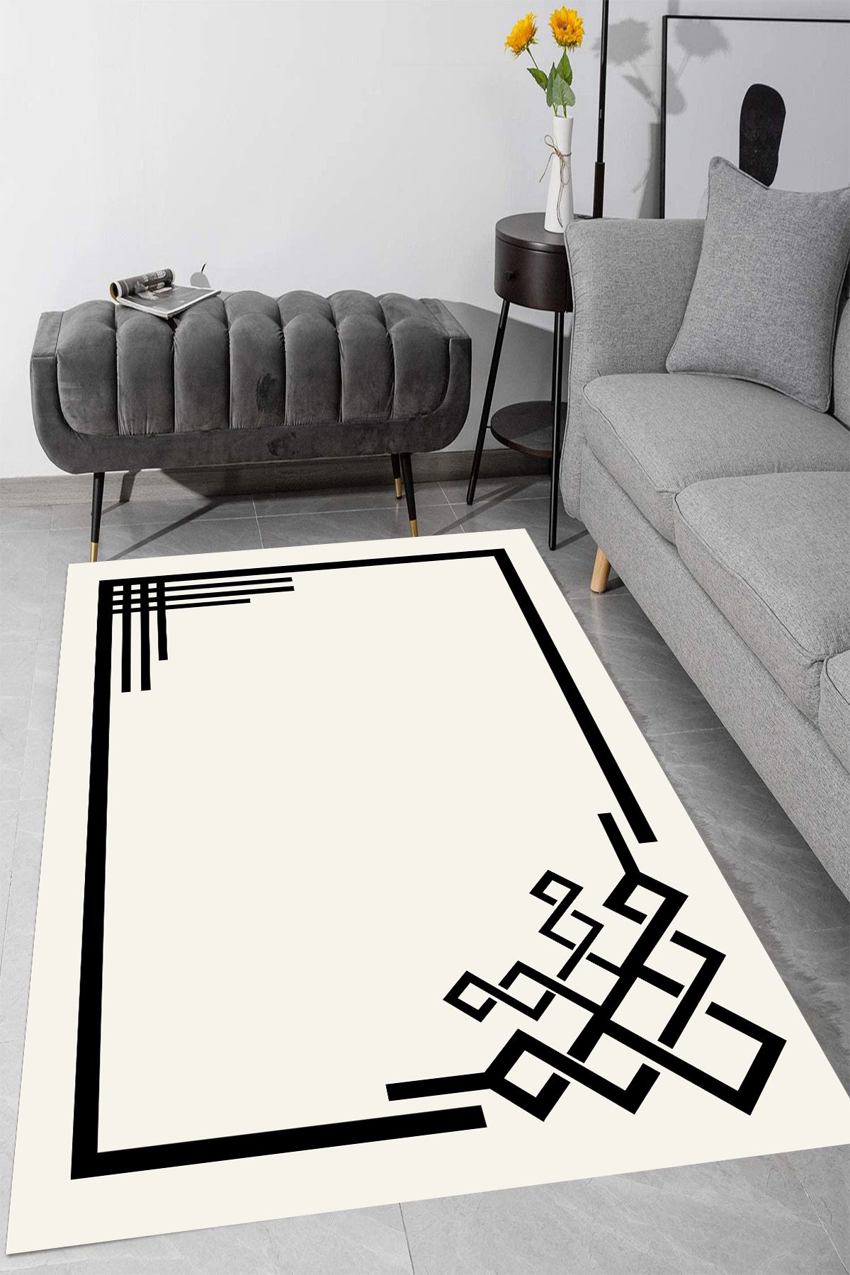 Resmiro Makinede Yıkanabilir Kaymaz Taban Leke Tutmaz Çiçek Şerit Desenli Salon ve Yolluk Halısı