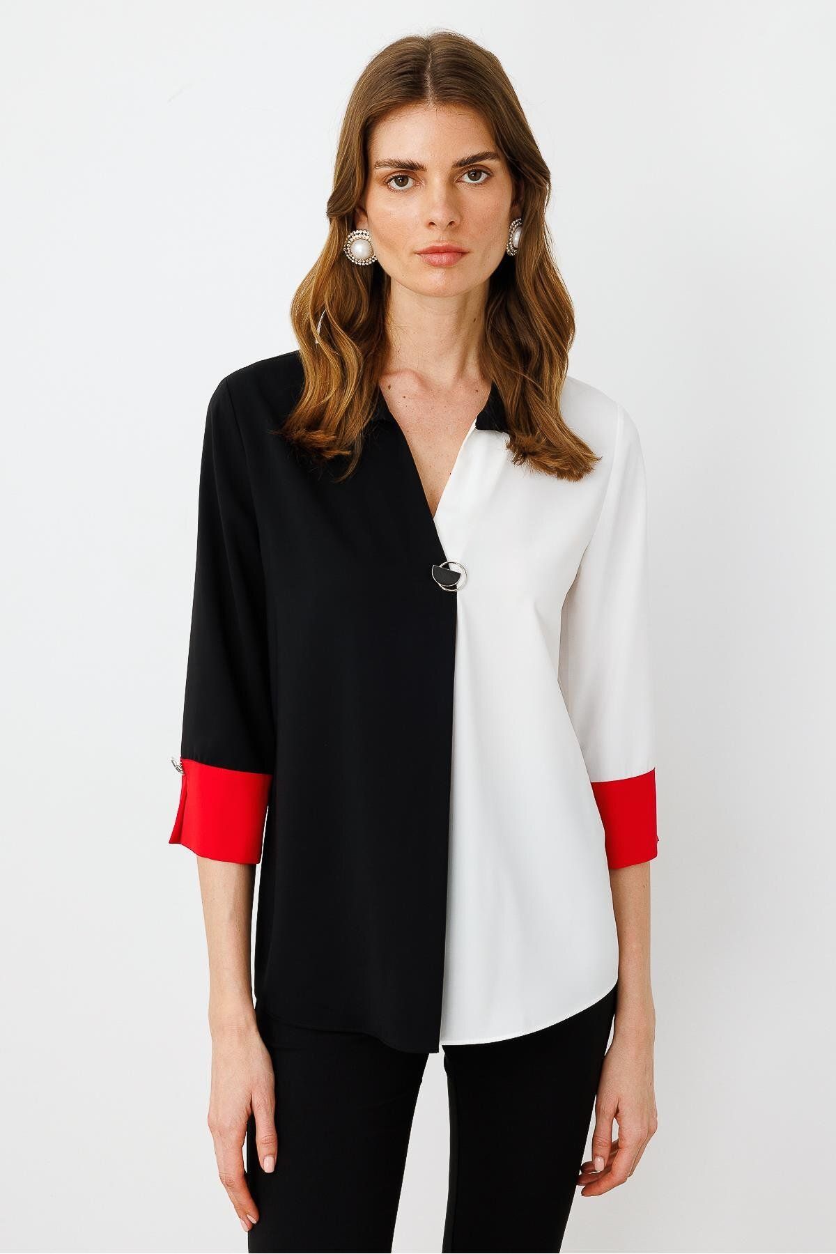 Moda İlgi Modailgi Broş Detaylı Bluz Siyah/Kırmızı