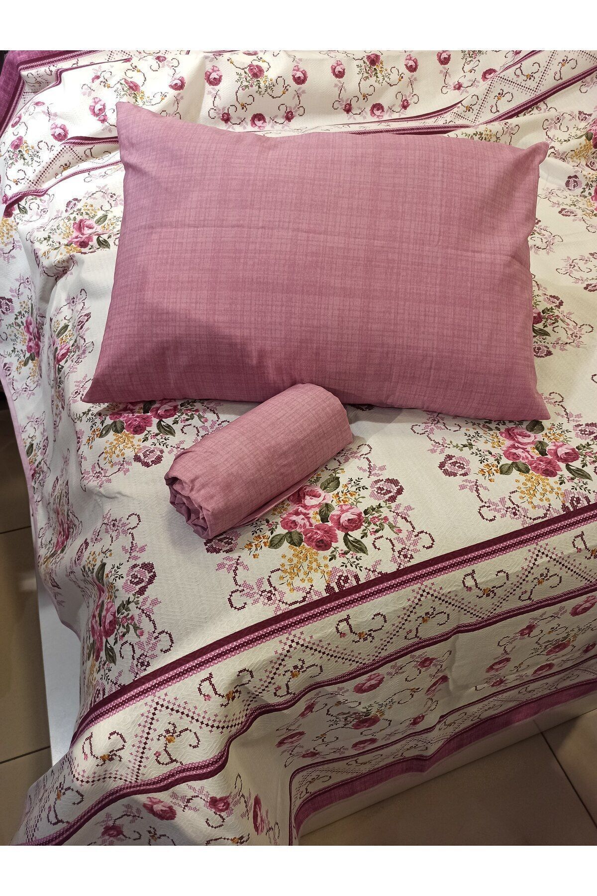 ŞENER HOME-Bouquet Patterned Sheet Elastic Single Pique Set - Lilac 2
