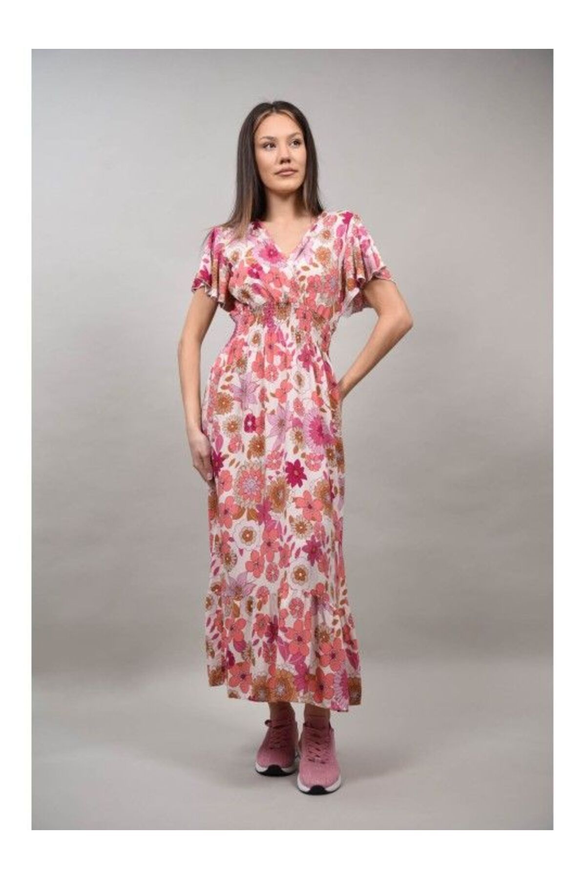 sweet girl-LONG BOHO CHIC DRESS WITH ELASTIC WAIST MULTICOLOR ELEGANTO Pink S-M 2