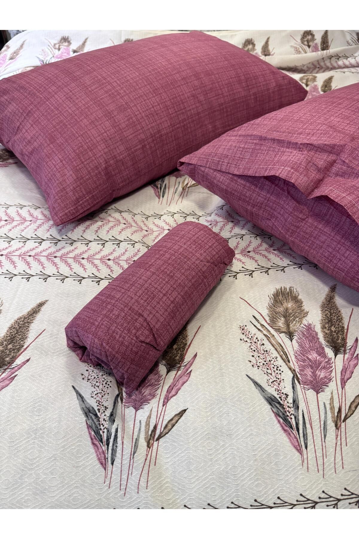 ŞENER HOME-Ekin Patterned Sheet Elastic Double Pique Set - Dusty Rose 6
