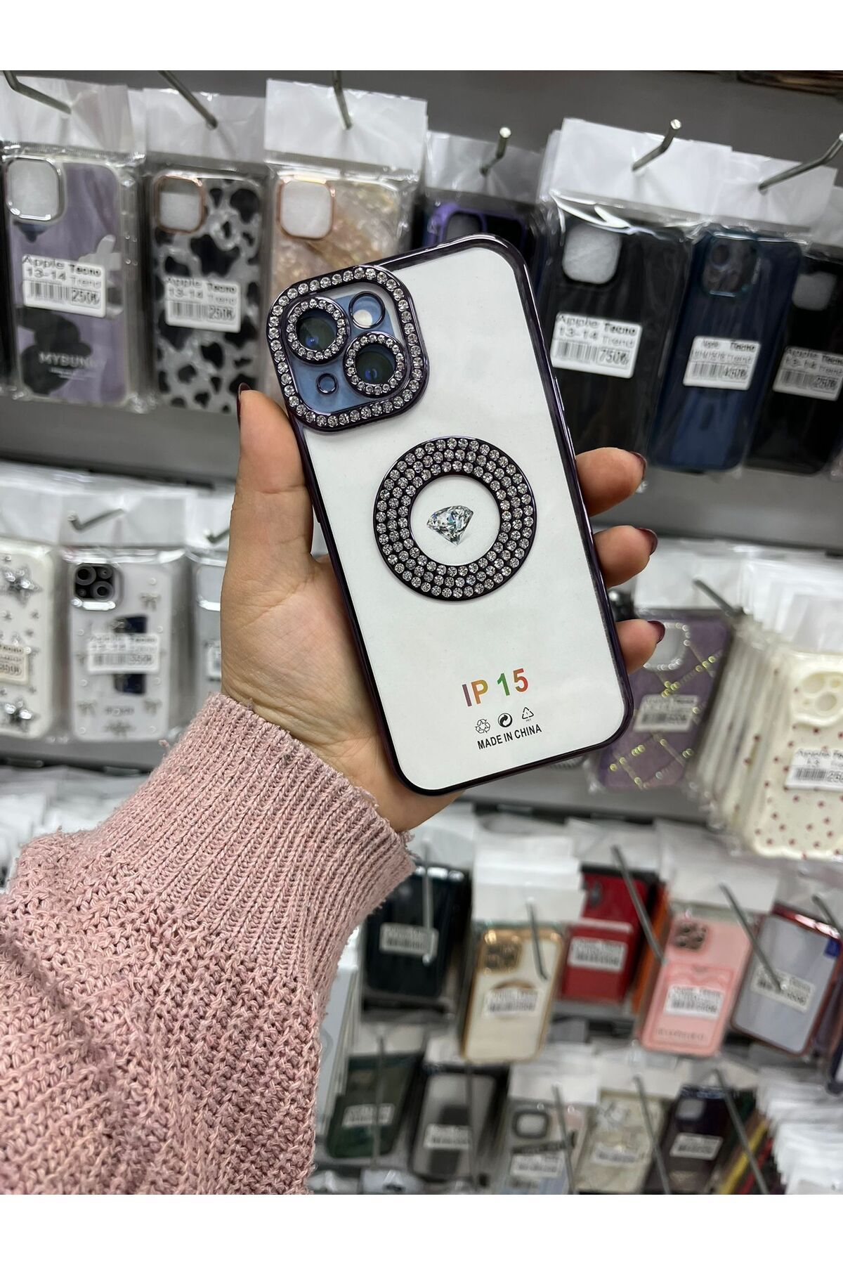 TECNOTREND Apple İphone 15 Kılıf Kamera Korumalı Taş Süslemeli Arkası Şeffaf Asya Kapak