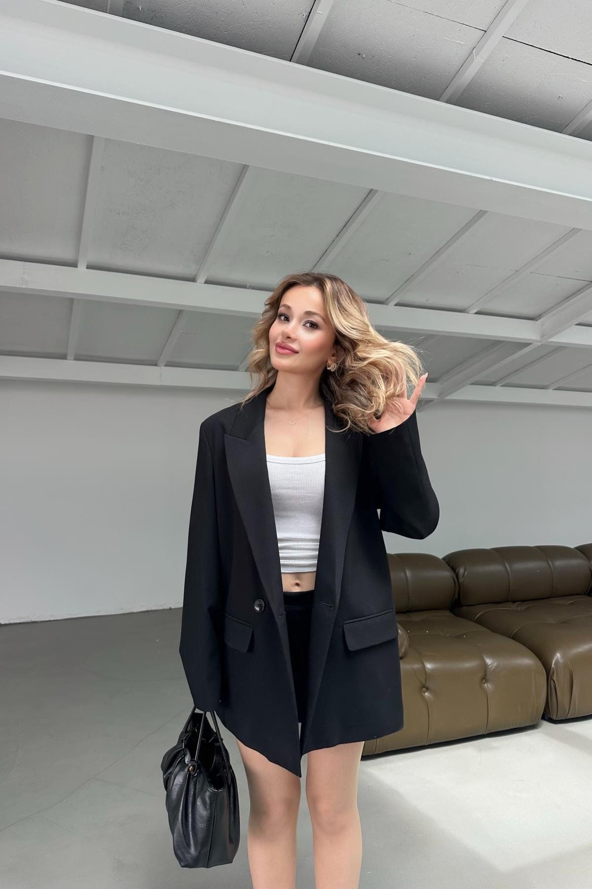 mylove Çift Düğme Poliviskon Blazer Ceket Siyah