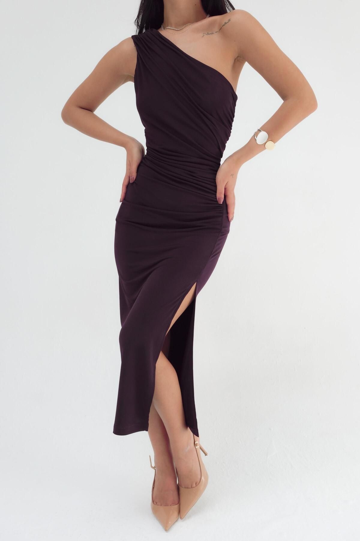 STANVİA-Rochie Midi Drapată pe un umăr Violet 5