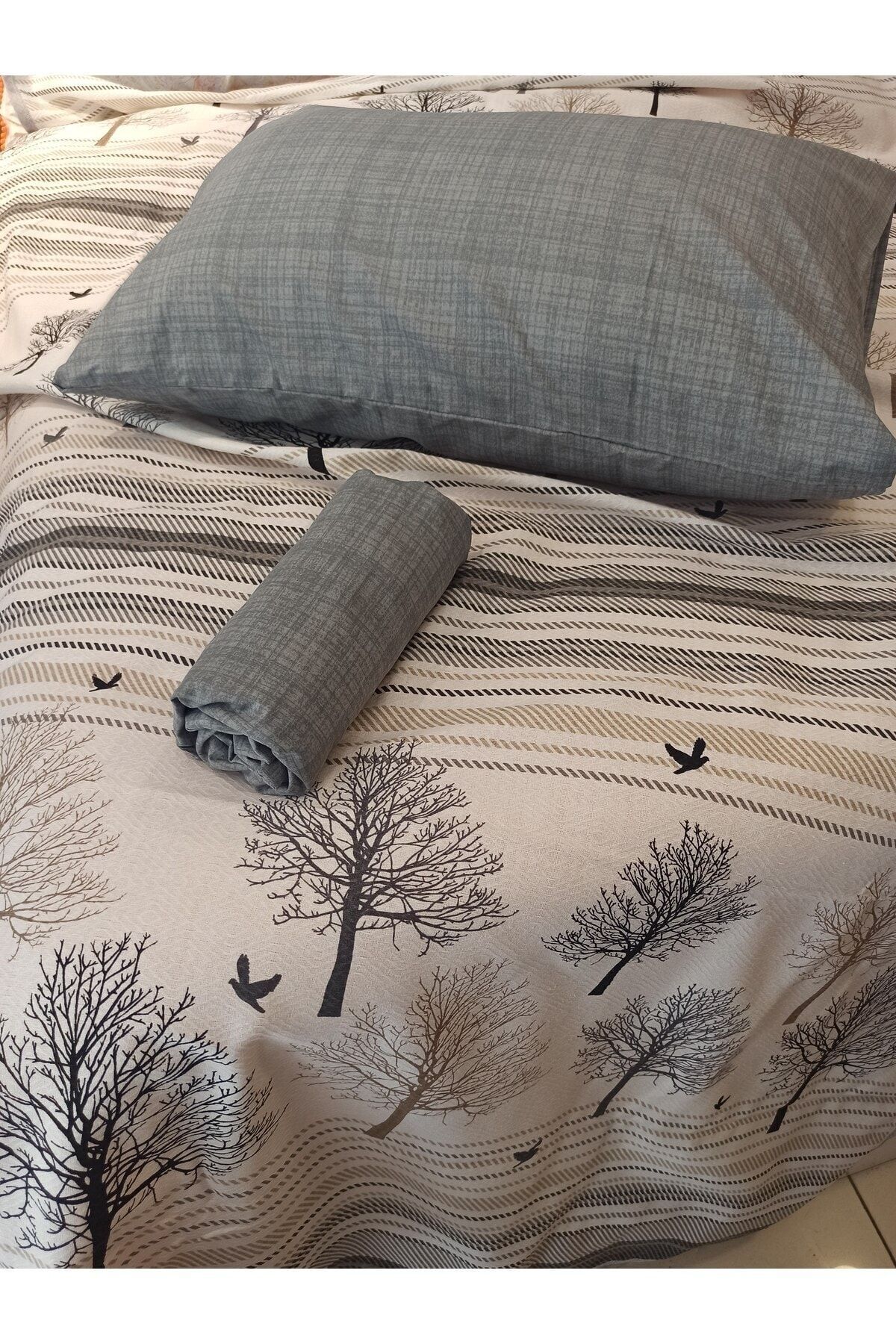 ŞENER HOME-New Tree of Life Patterned Bed Sheet with Elastic Double Pique Set - Gray 4