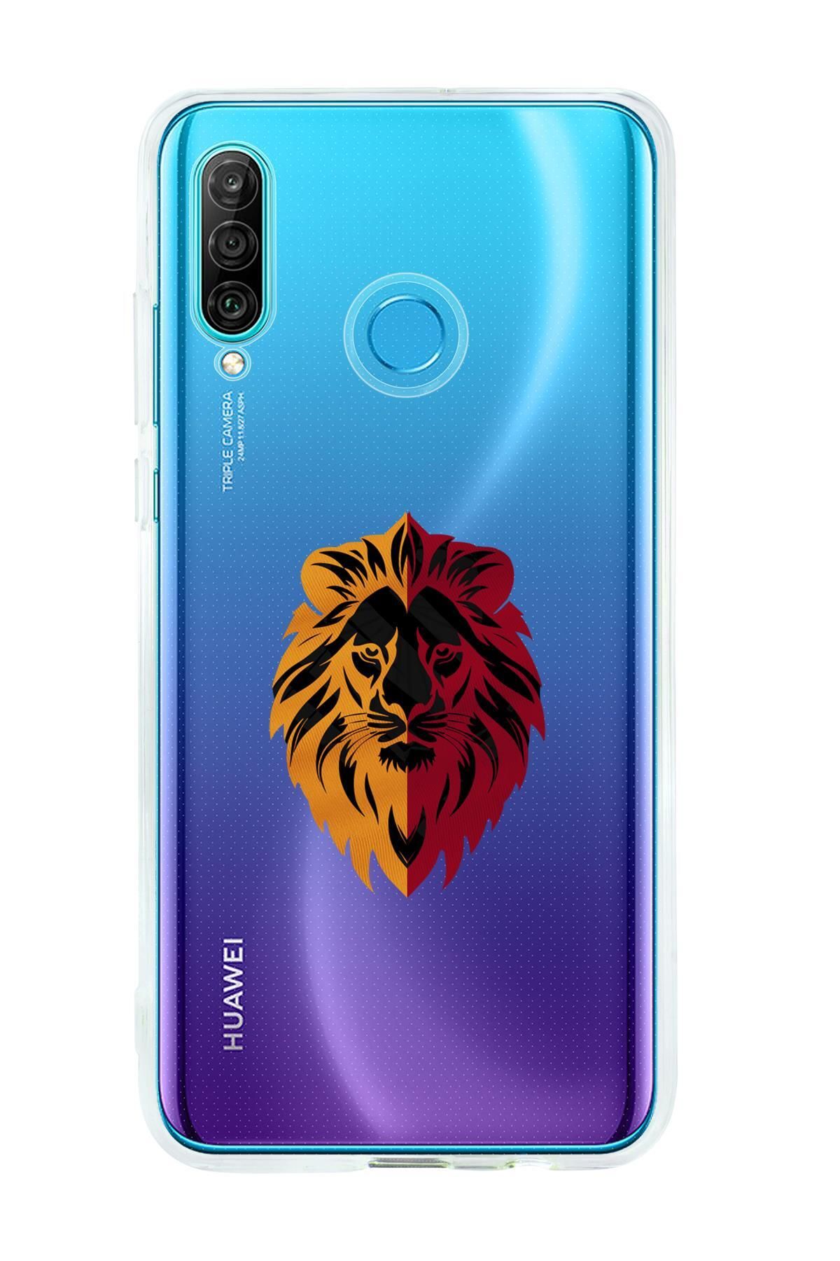 mooodcase Huawei P30 Lite Uyumlu Sarı Kırmızı Aslan Desenli Premium Şeffaf Silikon Kılıf