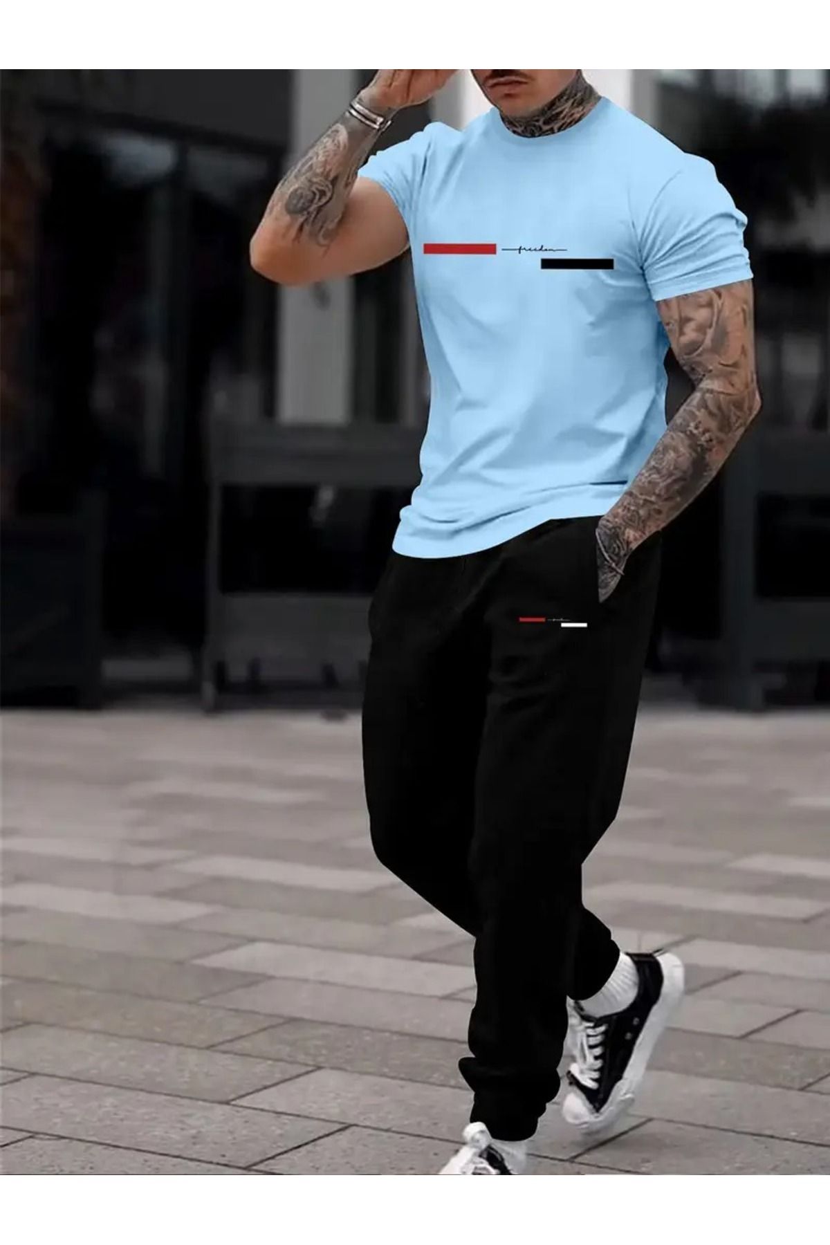 PAVRO Erkekler için Günlük Moda Kısa Kollu eşofman Takım Üst + eşofman İki Parça Set CİZGİ ŞERİT baskılı