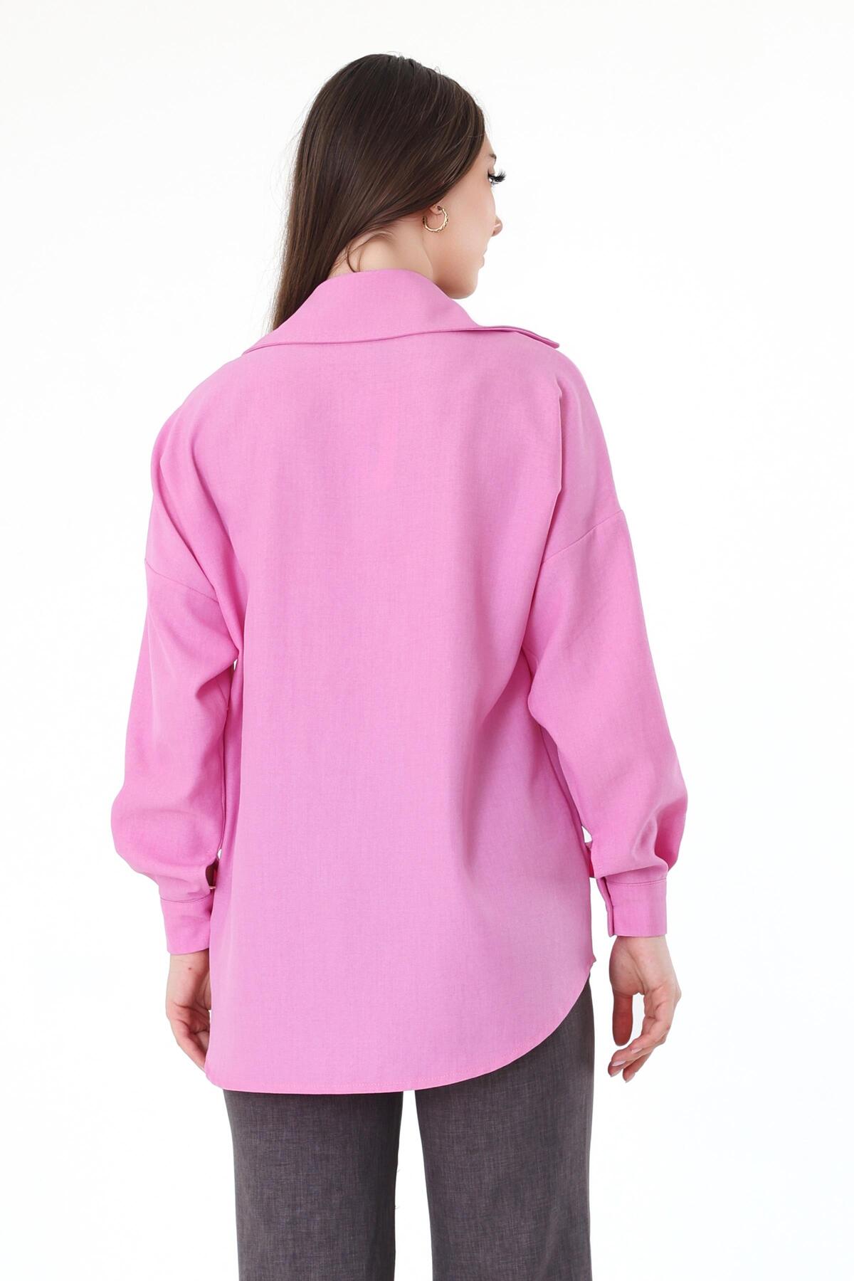 Hazel Tek Cepli Oversize Keten Gömlek- Pembe fotoğrafı 4 (önizleme)