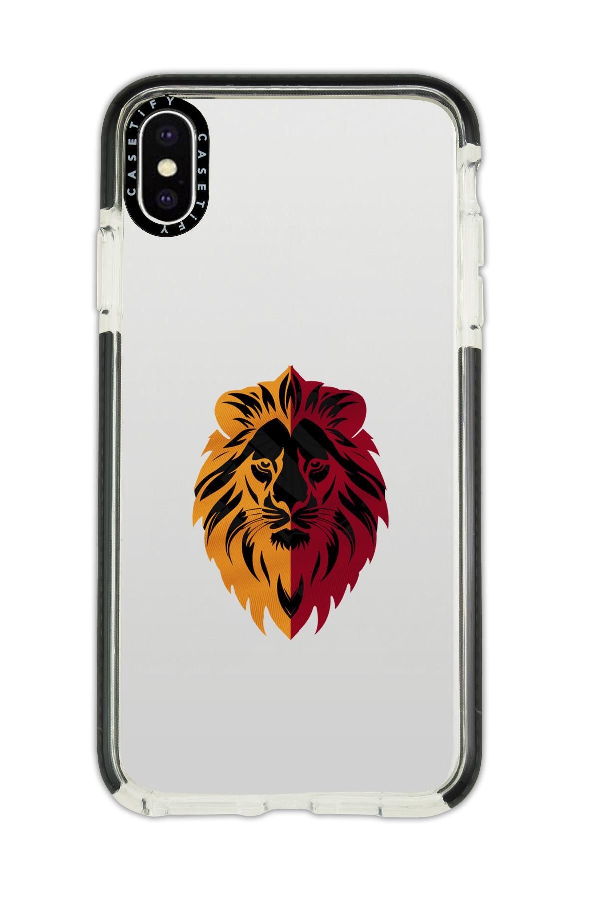 mooodcase iPhone Xs Max Uyumlu Casetify Sarı Kırmızı Aslan Desenli Anti Shock Premium Silikonlu Siyah Kenar De