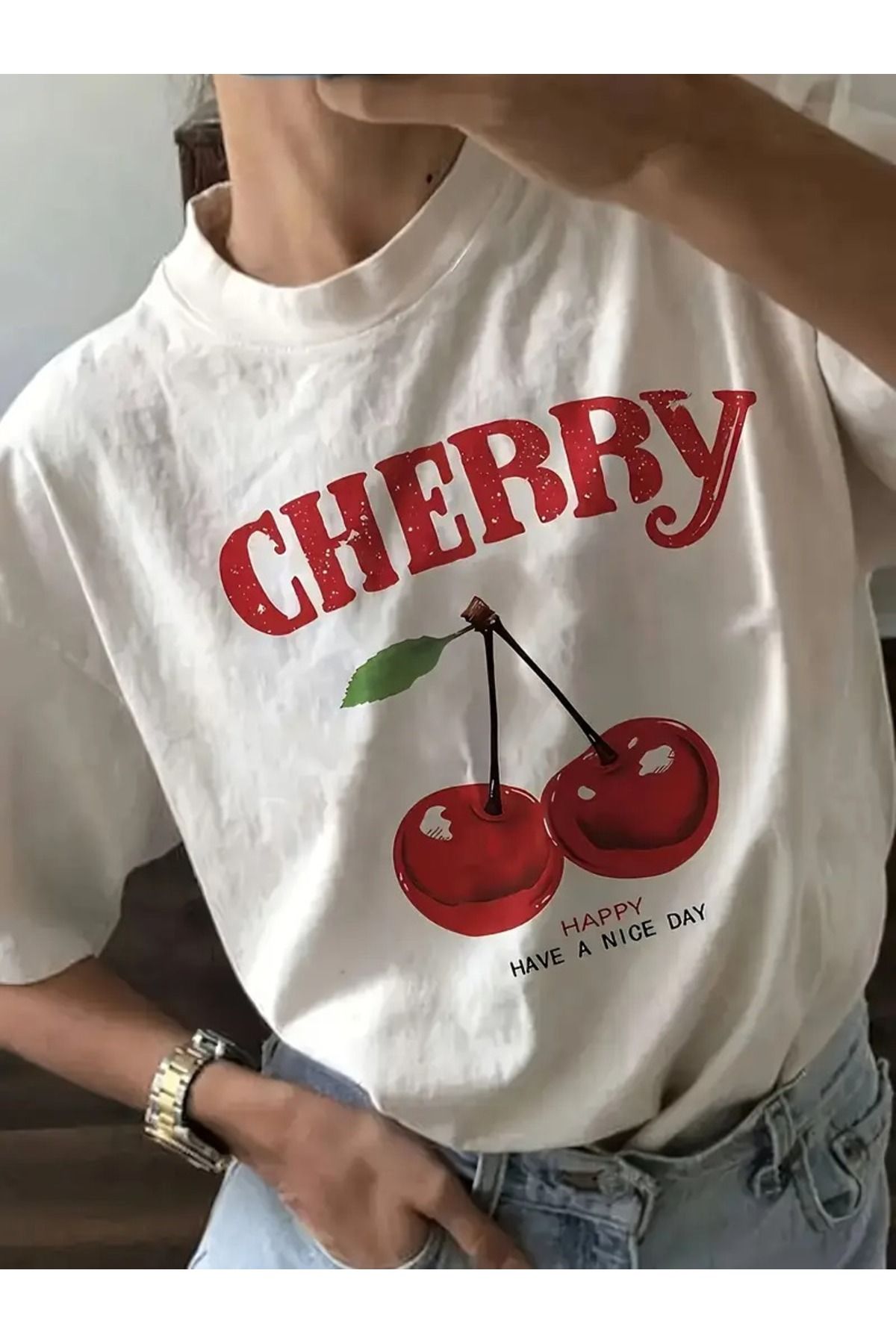 puolikuu cherry tshrt Oversize kalıp bol kesim tişört beyaz/siyah