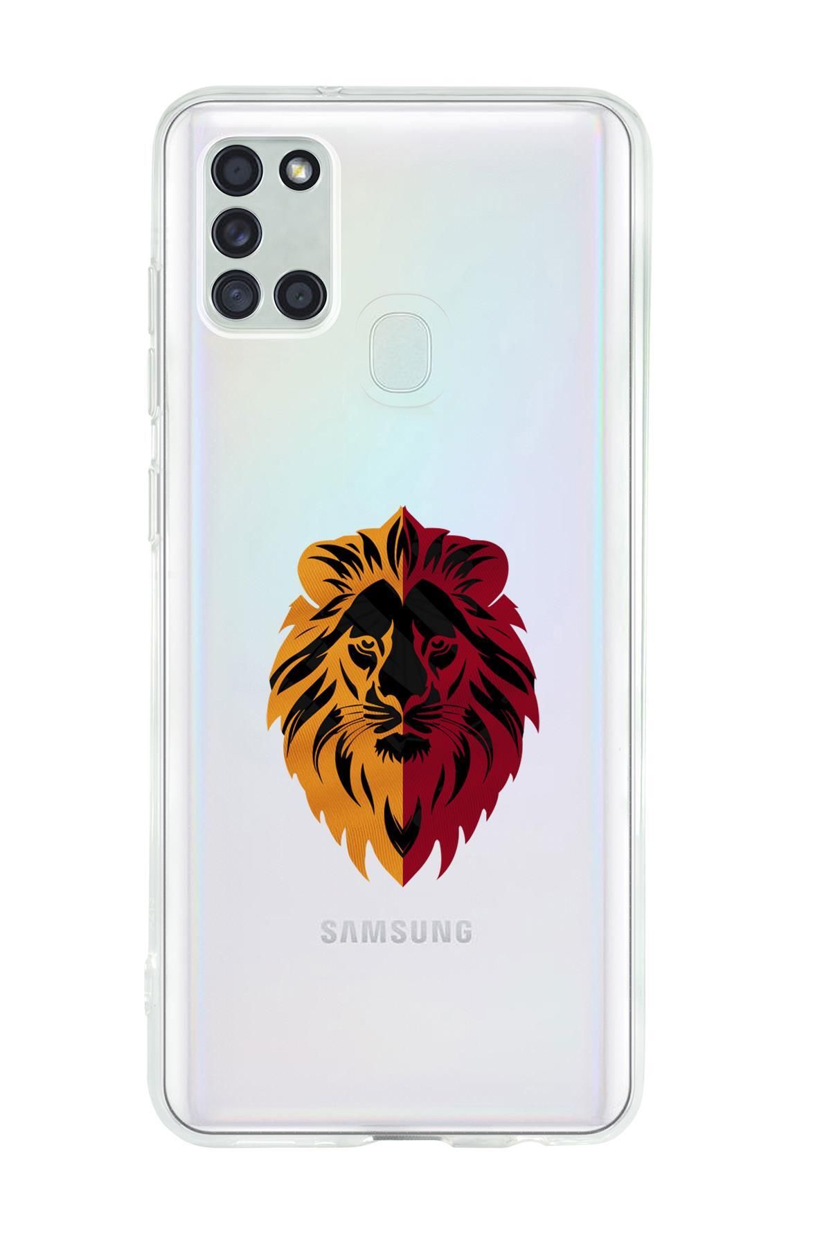 mooodcase Samsung A21S Uyumlu Sarı Kırmızı Aslan Desenli Premium Şeffaf Silikon Kılıf