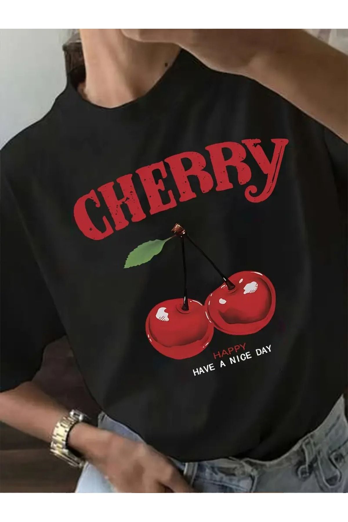 puolikuu cherry tshrt Oversize kalıp bol kesim tişört beyaz/siyah