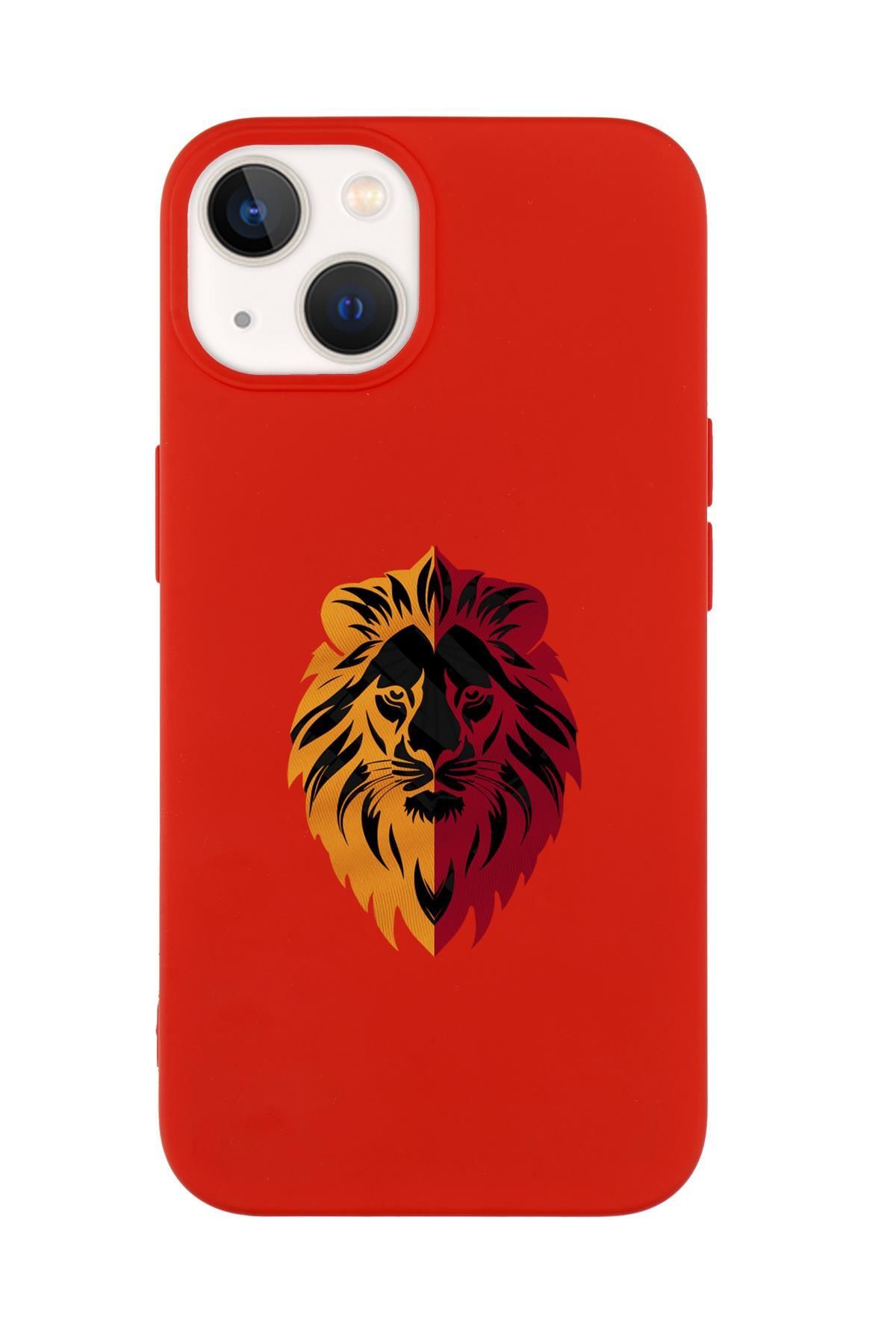 mooodcase iPhone 14 Uyumlu Sarı Kırmızı Aslan Desenli Premium Silikonlu Telefon Kılıfı