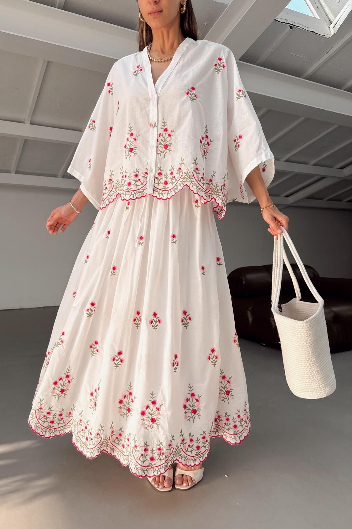 mylove Flower İşlemeli Etekli Maxi Takım Ekru