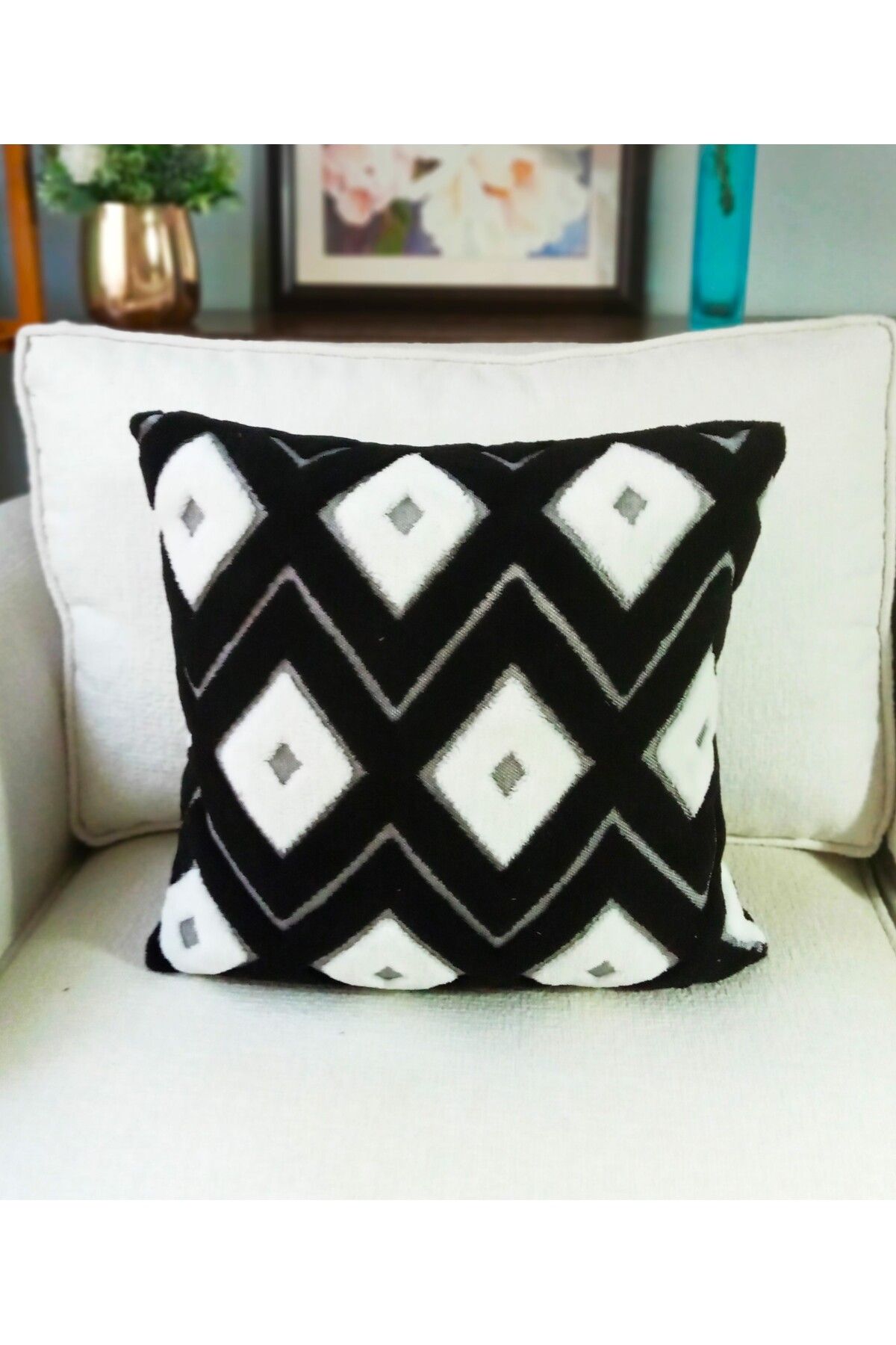 Gatta Bohem Siyah Beyaz Punch Desenli 2'li Kırlent Kılıfı 45x45 cm Dekoratif Yastık Kılıfı